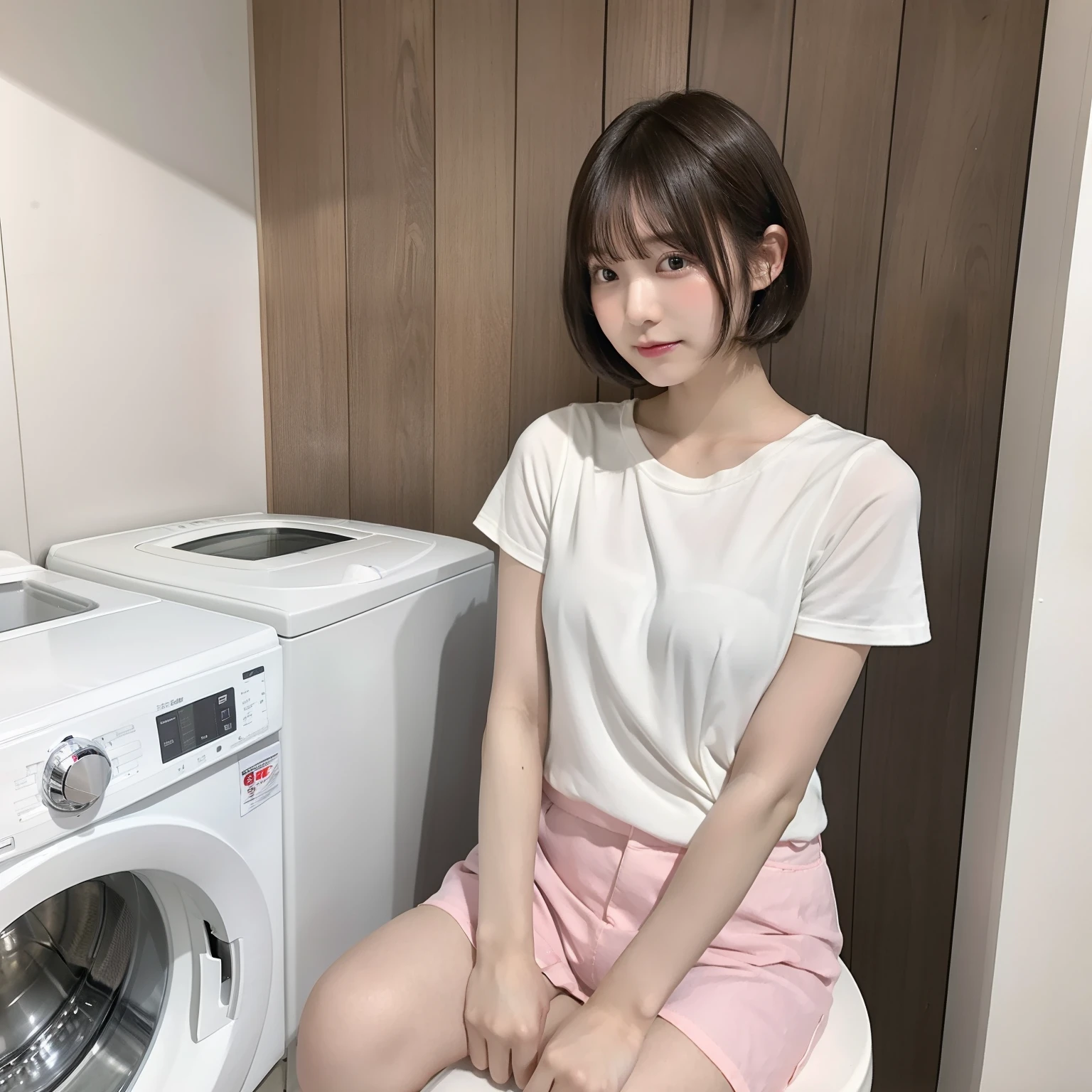 washing machine。Short bob hair。fair-skinned Japanese。Long white shirt、Pink shorts、sandal。Sitting on Stool、Touching your phone while waiting for the laundry to finish。slender and neat legs。Plump bust。profile。