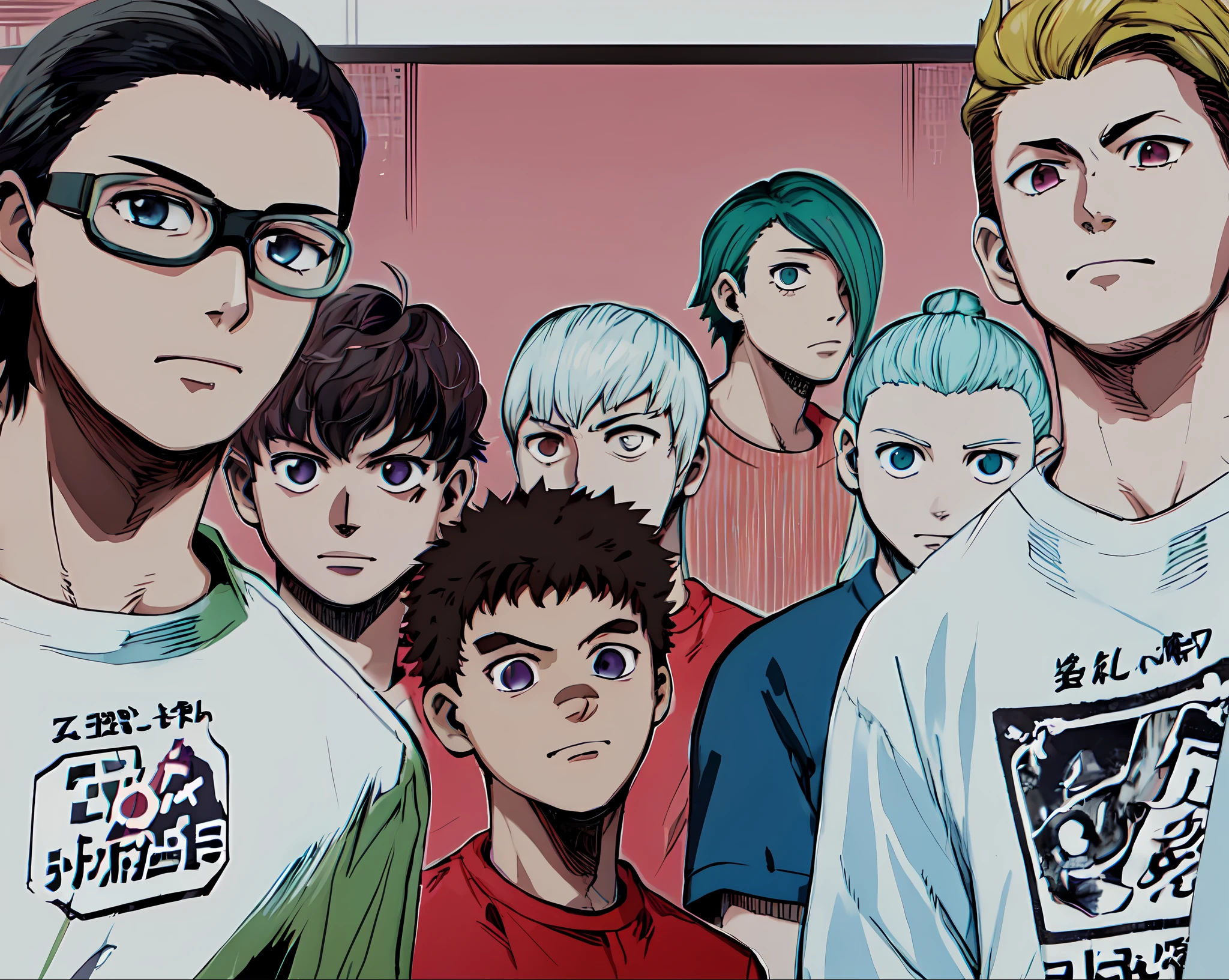 a anime of a boys manga, basketball court, text manga, color manga, manga color, color manga, color manga panel, simple background