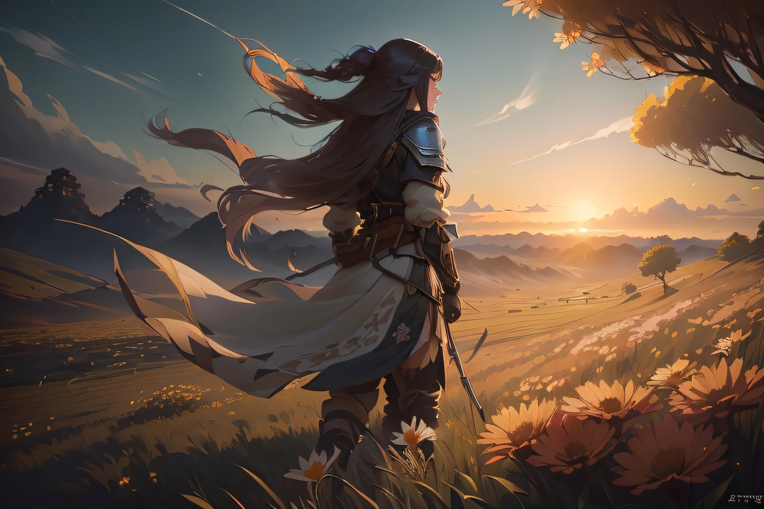 anime girl with long hair walking in a field of flowers, epic fantasy digital art style, artgerm and atey ghailan, epic fantasy art style, artstation painting, epic rpg portrait, detailed digital 2d fantasy art, epic fantasy style art, dawn cgsociety, Artstation contest winner, detailed game art illustration, detailed game art, epic digital art illustration