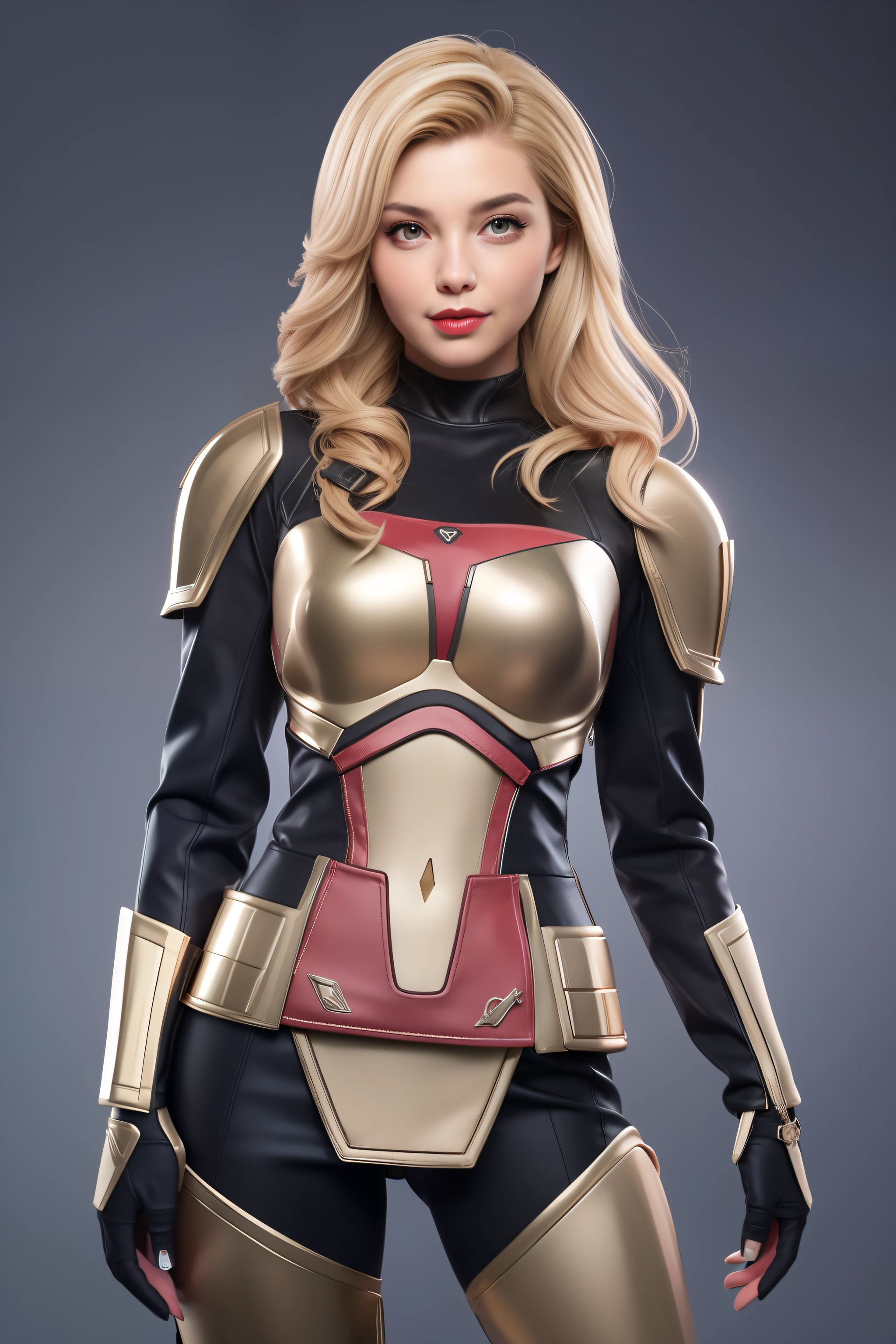 Beautiful Face Woman、a blond、Metal camouflage pattern background、 Beautuful Women、18year old、prety woman、hyper realistic photography、High-definition photos、red lipsticks、Mandalorian style miniskirt suit in metal armor、The skin is not very exposed、Do not cut your head off the screen、Camouflage skirt、Facing the front、