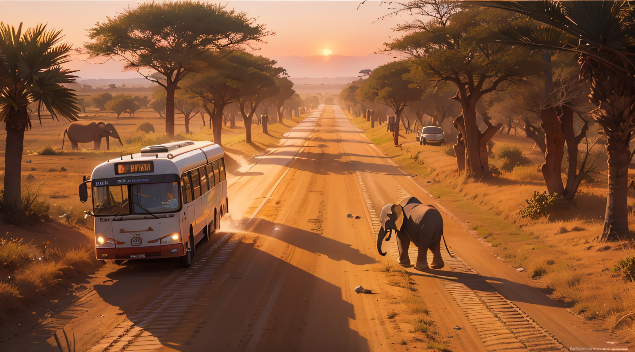 A bus heading west on a dusty dirt road running east to west across the savanna is bathed in the western sun, its windshield and flanks concave, and the entire area, including the body of the bus, is tinted pink, Just as the sun is about to set, two elephants slowly walk past us, The view from the back of the bus, masterpiece, realisitic