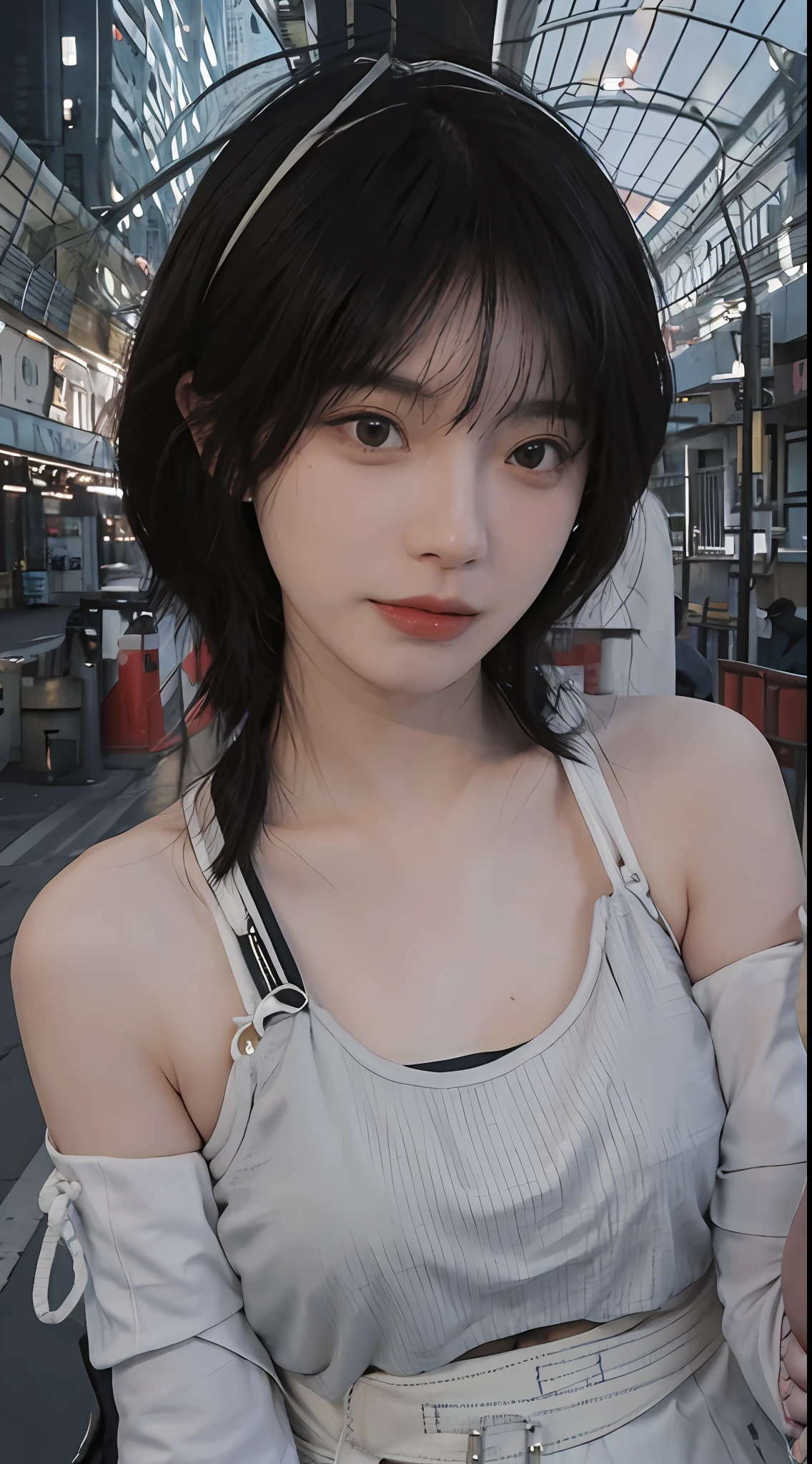 best qualtiy， 超高分辨率， （realisticlying：1.4）， Focus:1.2, perfect figure beautiful woman:1.4 , (Streets at night:1.3), Highly detailed facial and skin texture, A detailed eye, 二重まぶた，Whiten skin，(Air bangs:1.3),(with a round face:1.5),(Thin strap top:1.4)