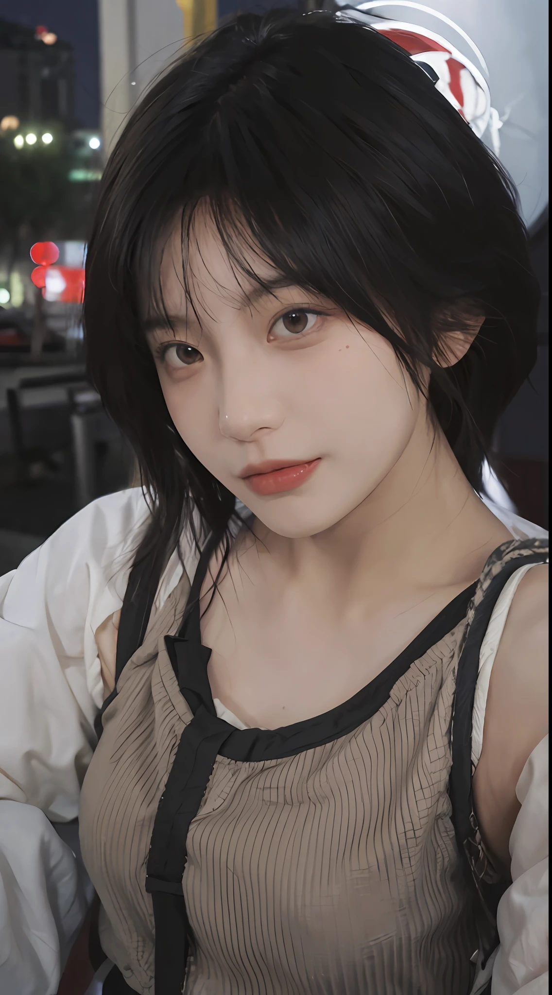 best qualtiy, 超高分辨率, (realisticlying:1.4), Focus:1.2, perfect figure beautiful woman:1.4 , (Streets at night:1.3), Highly detailed facial and skin texture, A detailed eye, 二重まぶた,Whiten skin,(Air bangs:1.3),(with a round face:1.5),(Thin strap top:1.4)
