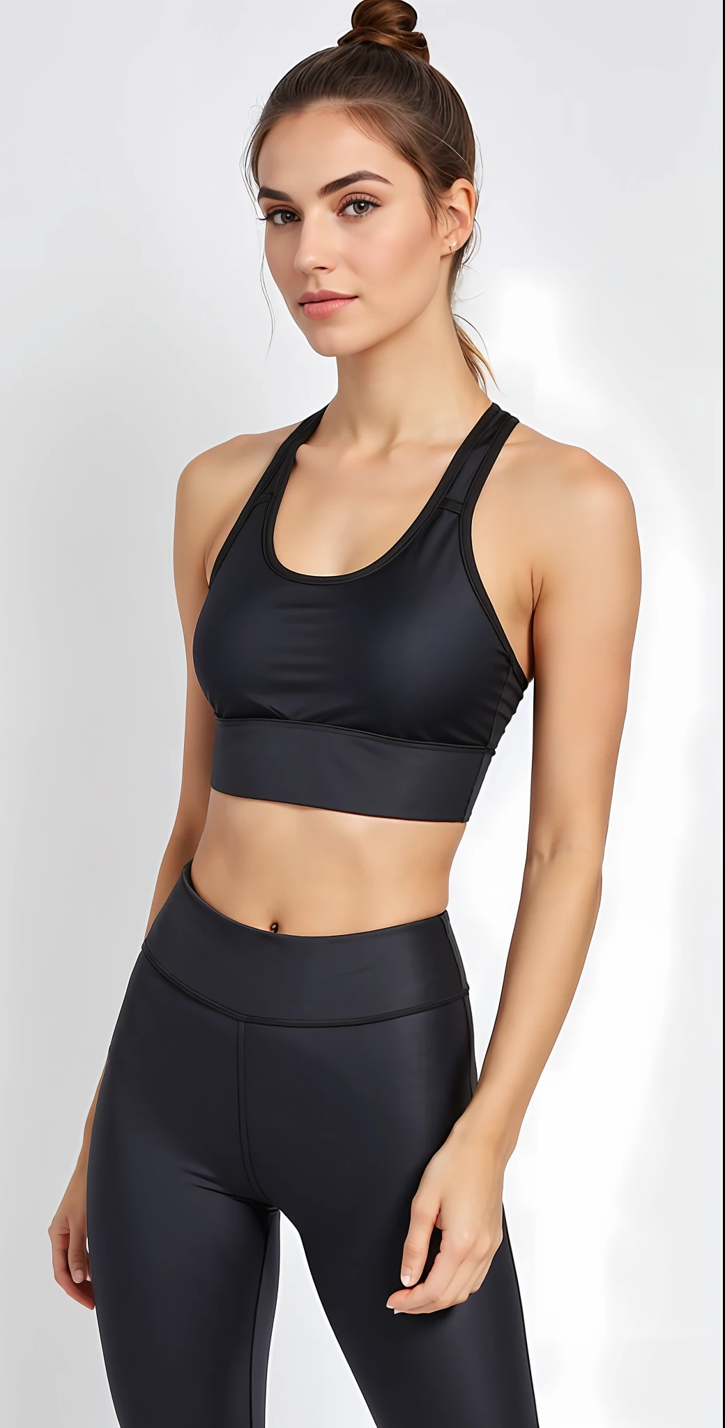 A beautiful woman in black sports bra, top e leggings posando para uma foto, detailed sports bra, Esporte bom, sports bra, brassier, sport bra and shirt, bra black, sport bra and shorts, usando uma regata cropped preta, topo de corte, two piece workout clothes, usando uma regata preta cropped, sport bra and dark blue shorts