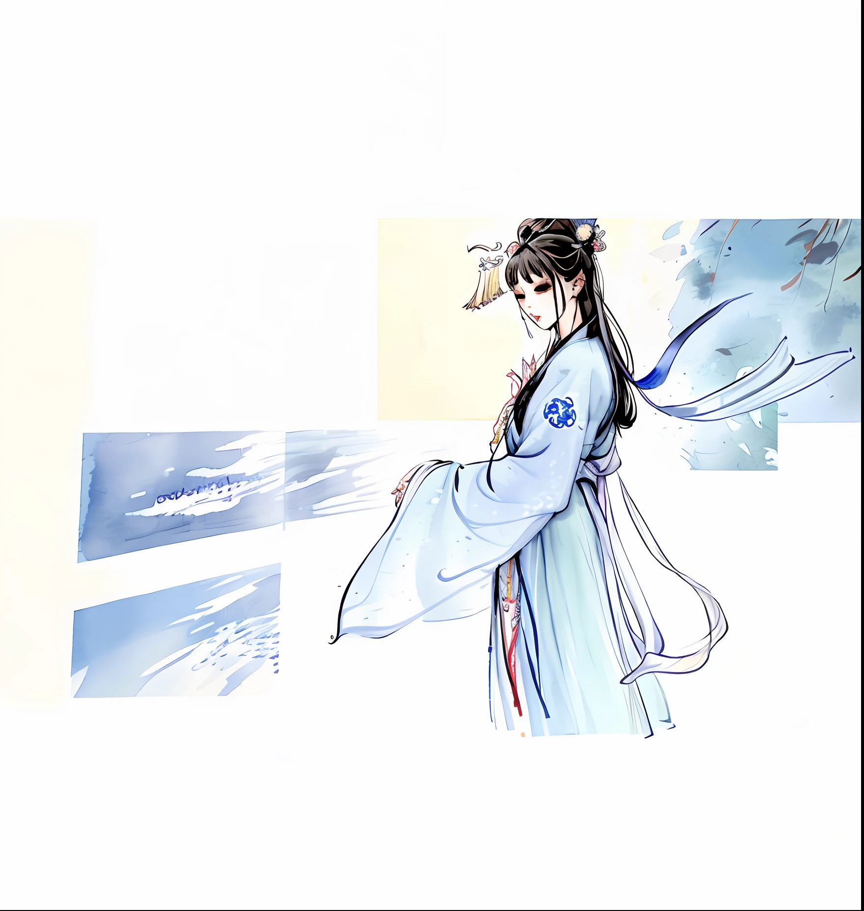 There is a painting,A woman in a white dress holds a blue ribbon, Inspired by Seki Dosheng, inspired by Yun-Fei Ji, inspired by Zhang Zeduan, Inspired by Zhao Yuan, inspired by Tang Yin, inspired by Emperor Huizong of Song, guanyin of the southern seas, Chinese watercolor style, inspired by Pan Tianshou