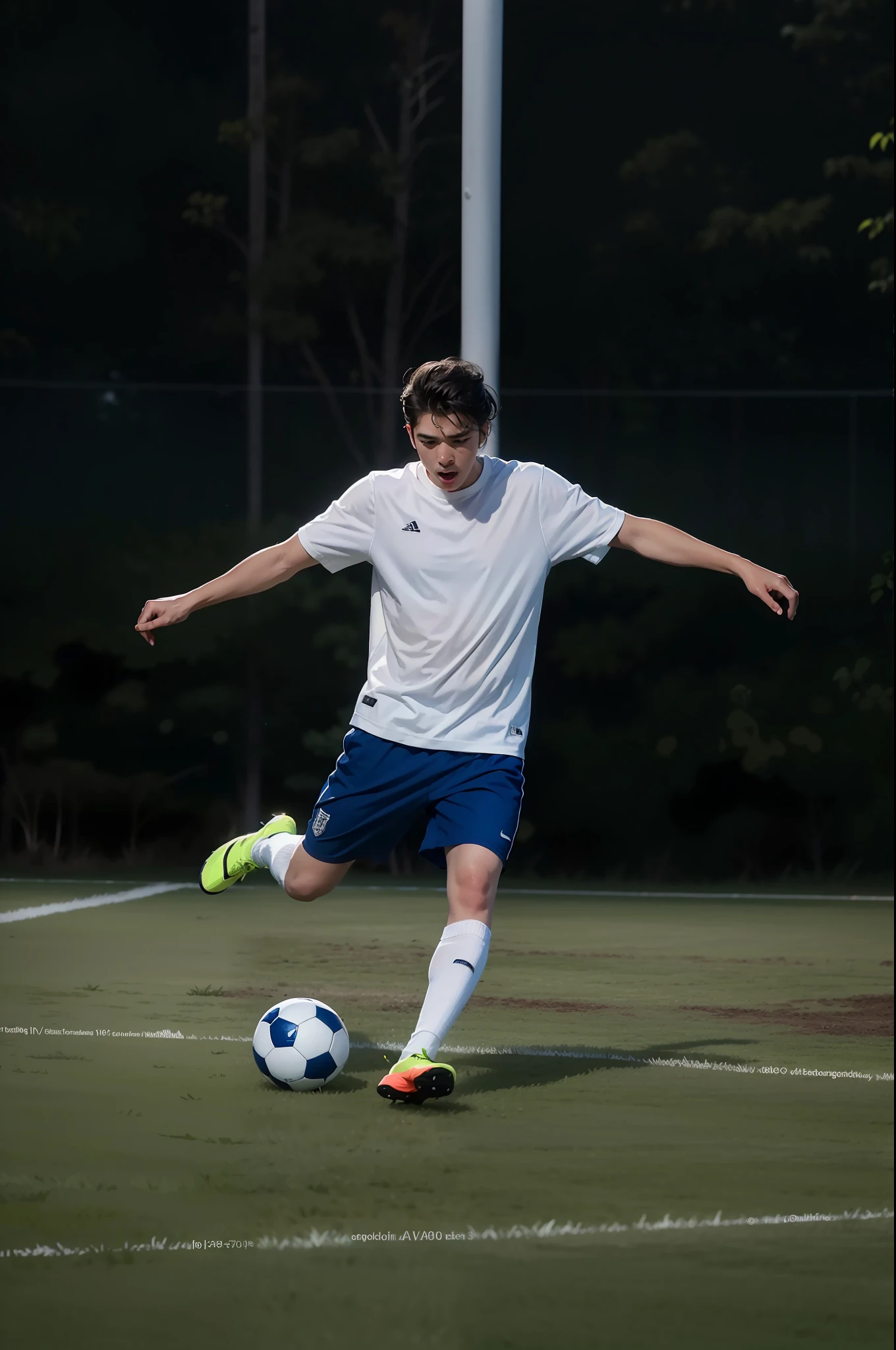 They play football on the pitch at night, taken with canon 8 0 d, action shot, play soccer, best qualtiy, tmasterpiece, 超A high resolution, (realisticlying:1.5), RAW photogr,in the darkness nigth, deep shading, low tune, cold light, short detailed hair,Black hair, surrealism, surrealism, Cinematic lighting, 8K, Super detail, High details, High quality, Award-Awarded, A high resolution, 16k, Anatomically correct, Textured skin