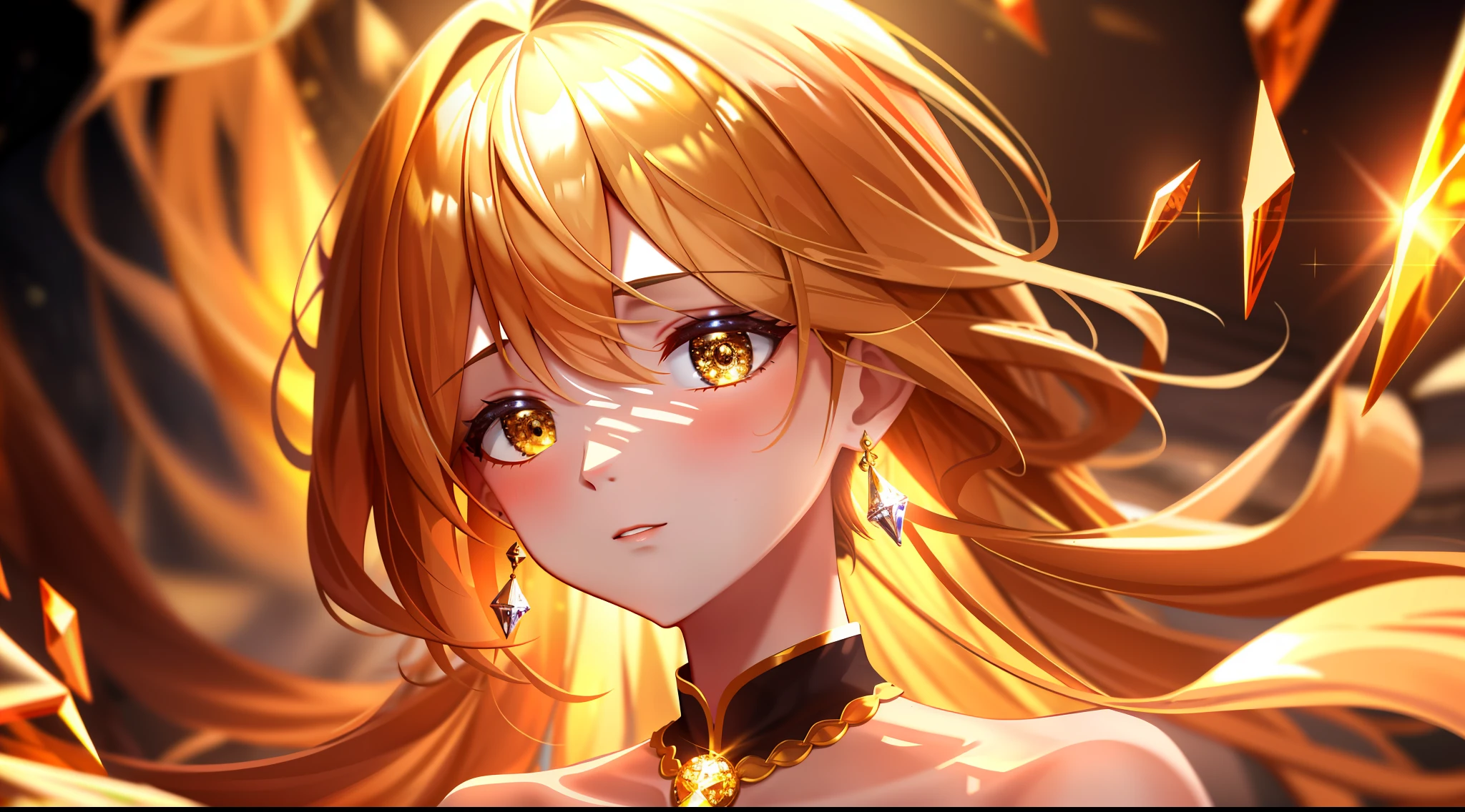 Masterpiece, 4k wallpaper, Cinematic light, absurderes, protrait 1girl, amber hair, Silver earrings, (little crystal floating:0.6), Crystal floats, particle glowing, Dreamy gold costume,