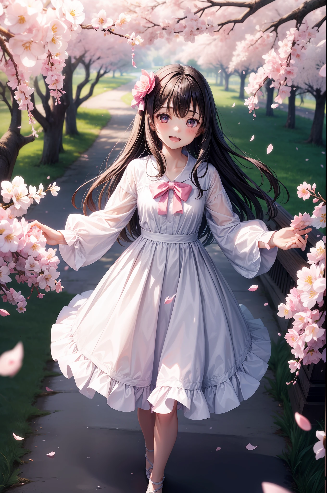 1girl, :d, against_tree, black_hair, bow, branch, cherry_blossoms, day, dress, falling_petals, flower, grass, hair_bow, hanami, in_tree, long_hair, looking_at_viewer, open_mouth, outdoors, outstretched_arm, outstretched_hand, path, petals, petals_on_liquid, pink_flower, plum_blossoms, smile, solo, spring_(season), standing, tree, under_tree, watermark, web_address, white_bow, white_dress, wind, wisteria