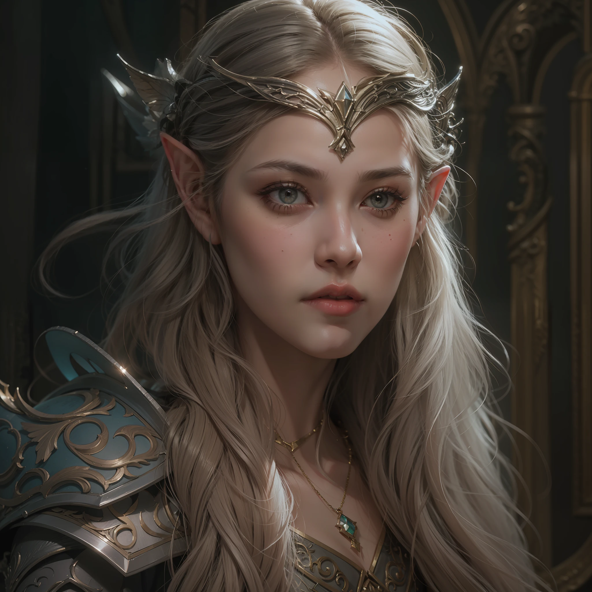 Beautiful close-up portrait painting of perfect female elf warrior, shapeless long hair, perfect features, (wearing baroque elven armor), abstract beauty, near perfection, pure form, dynamic pose, ethereal background, (deep dark shadows), (strong cinematic lighting), (rim lighting), concept art by Greg Rutkowski and John William Waterhouse and Alphonse Mucha, intricate detail, 8k post-production, High resolution, super Detail, trending on ArtStation, sharp focus, depth of field f/1.8, studio photos, ((looking at camera.))