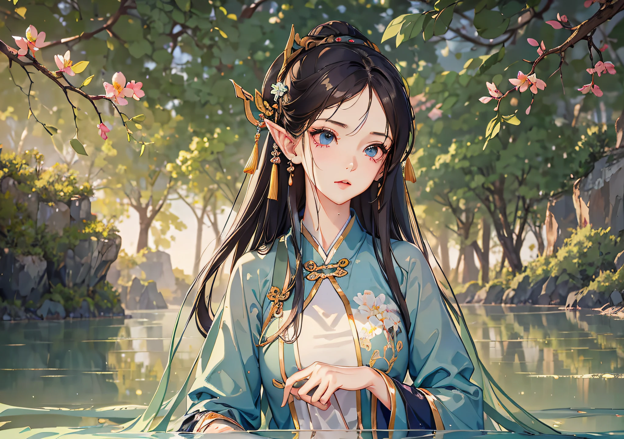 1girl, water spirit skin, super long messy black hair, elf through eyes, Olhe-me carinhosamente, cara vermelha, chuva, Wet, Hanfu, saia longa Hanfu transparente branca e refrescante, pernas longas, Tocar, seios rechonchudos, breast period, mature and steady, drunken expression, uncomfortable feeling all over the body, extreme facial features, Fleshy Sensation, postura encantadora, beleza corporal, sedution, sexy, linhas finas, ..3d, Retrato privado 8k, luz e sombra reais, real physics, mundo perfeito, Motor irreal, master part