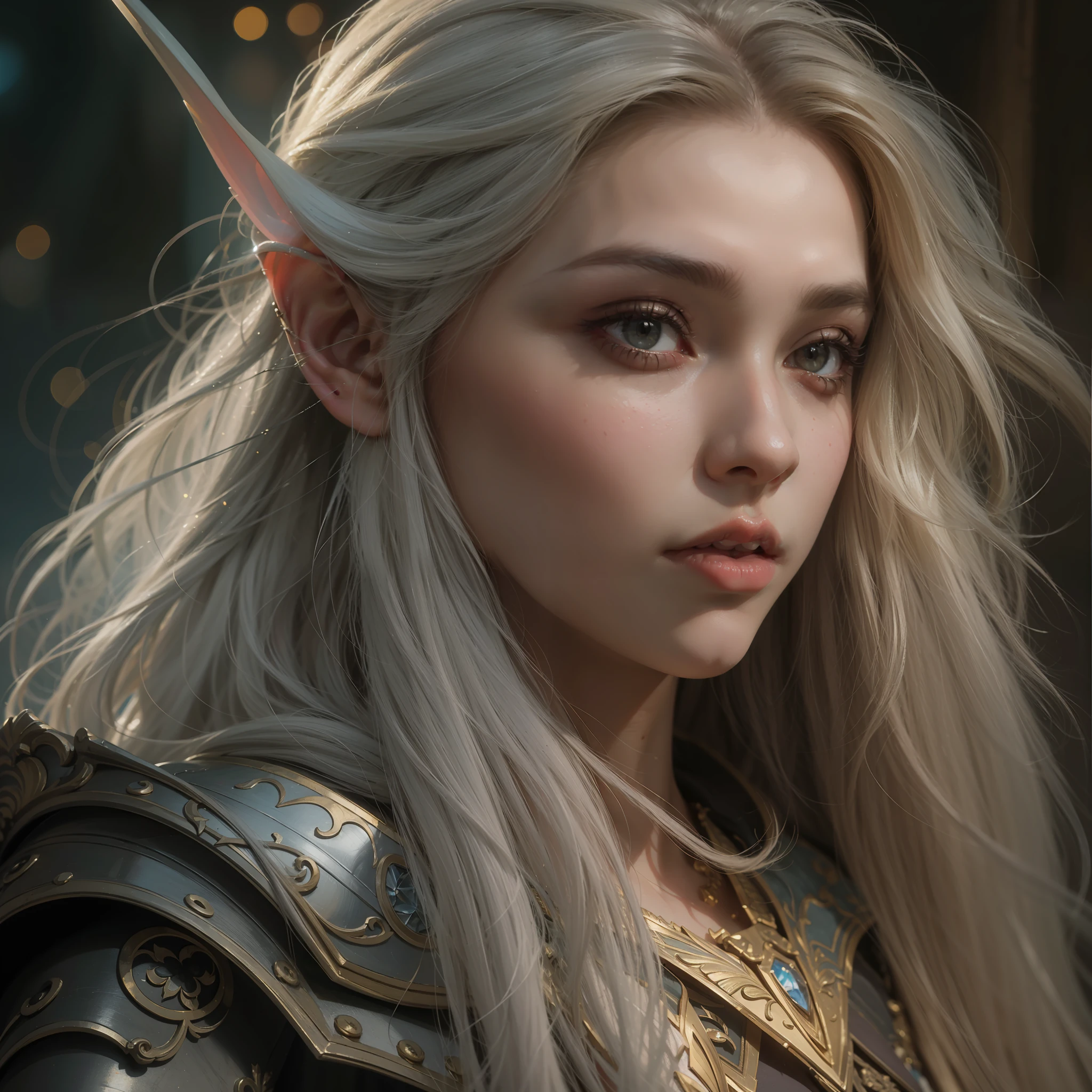 Beautiful close-up portrait painting of perfect female elf warrior, shapeless long hair, perfect features, (wearing baroque elven armor), abstract beauty, near perfection, pure form, dynamic pose, ethereal background, (deep dark shadows), (strong cinematic lighting), (rim lighting), concept art by Greg Rutkowski and John William Waterhouse and Alphonse Mucha, intricate detail, 8k post-production, High resolution, super Detail, trending on ArtStation, sharp focus, depth of field f/1.8, studio photos, ((looking at camera.))