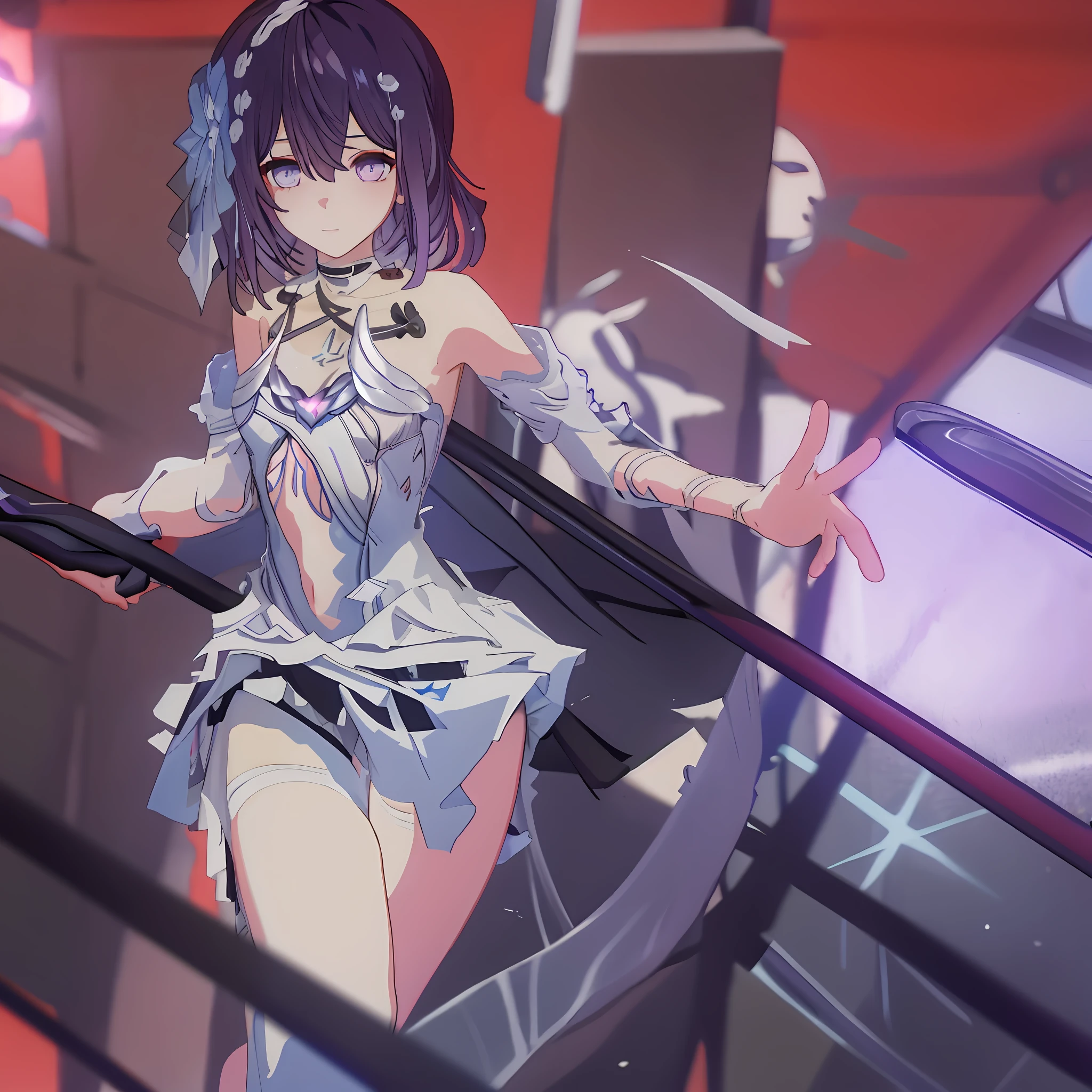 Masterpiece, Best Quality, Hi-Res, 1 Girl, Solo,seele,Small, Short Hair, Beret, Bangs, Purple Eyes, Hair Between Eyes, Long Sleeves, Tie, School Uniform, Mini Skirt, Juliet Sleeves, Thighs, White Shirt, Cowboy Shot, (Skirt Lift: 1.3), Indoors, Toilet, Urinal, Sweat, Wet, Look Viewer,Bright Red Panties, Blush