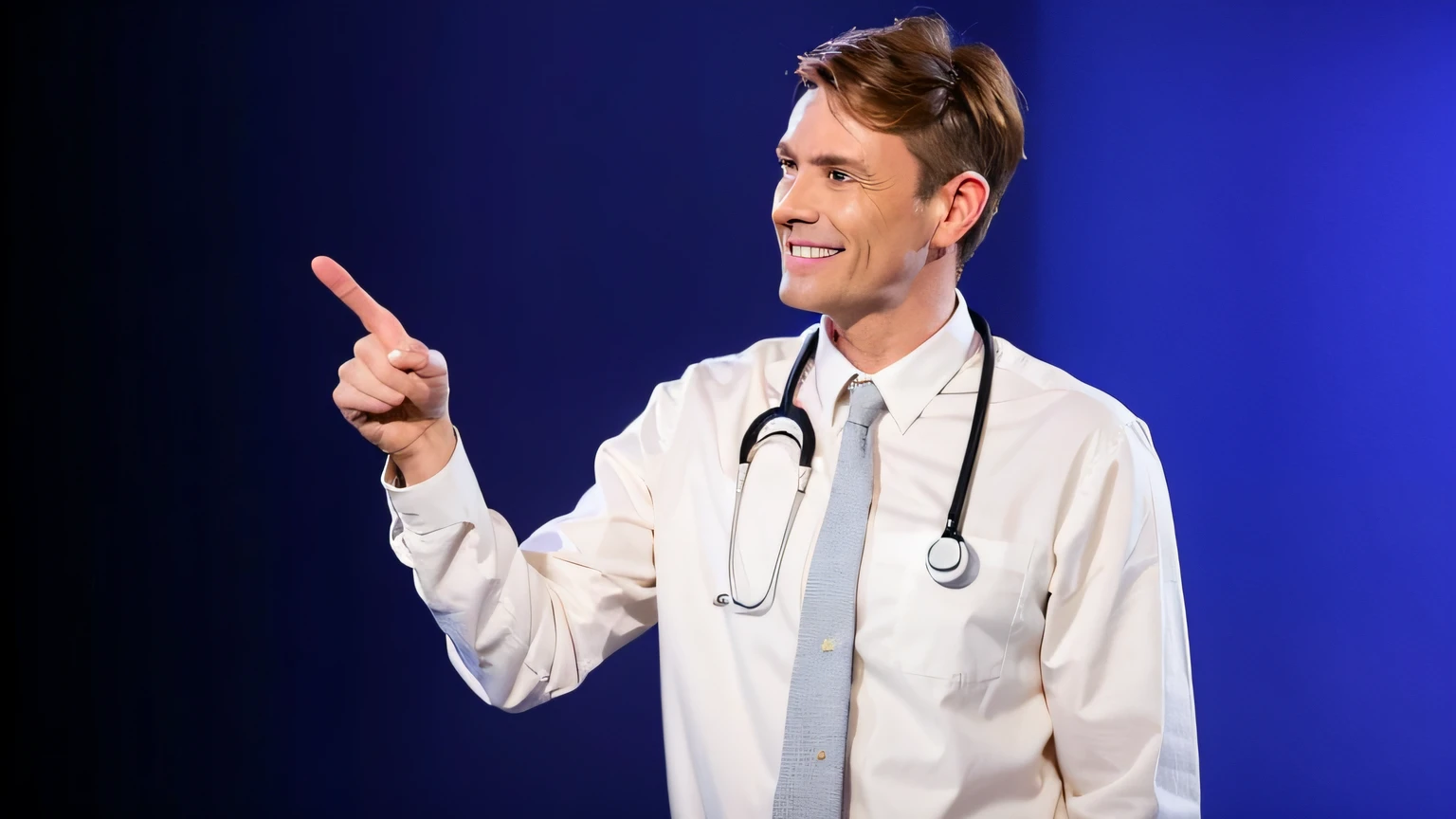 Blonde-haired male doctor pointing at something with a stethoscope on his chest, Male physician, medic, medic, with a stethoscope, (medic), usando jaleco, foxish guy in a lab coat, vestindo jaleco, healthcare, com jaleco, usando jaleco, medical photography, vestindo um jaleco branco, advertising photo
