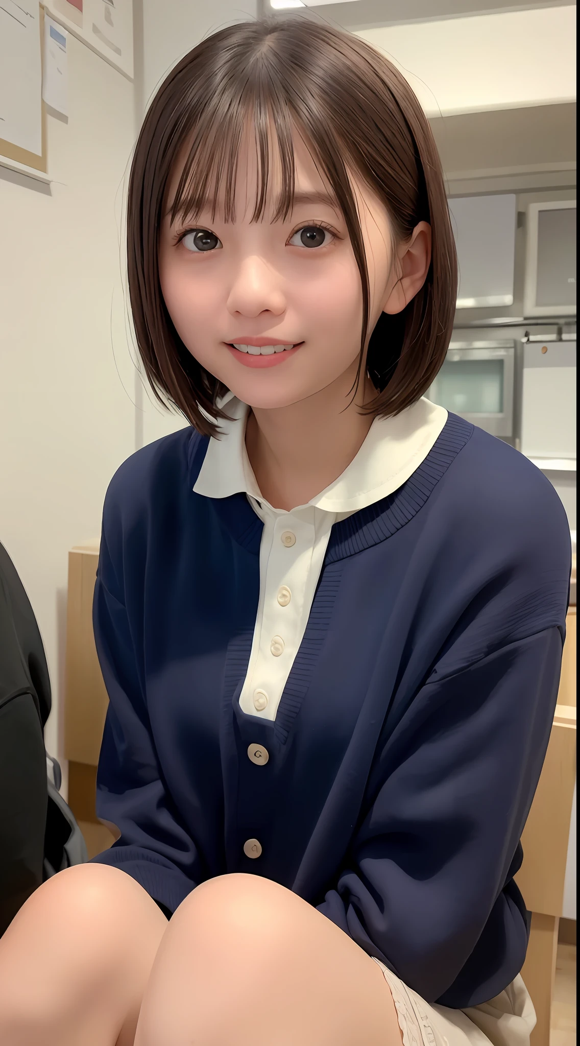 (8K、top-quality、​masterpiece:1.2)、(realisitic、Photorealsitic:1.37)、ultra-detailliert、1girl in、cute little、独奏、Beautiful detail sky、Detailed café、(a smile:1.15)、beautiful finely detailed eyes、(shirt with collar:1.1)、business clothes、White lace、(short-hair:1.2)、Floating Hair NovaFrog Style、up close shot、medium shot、Random Shots