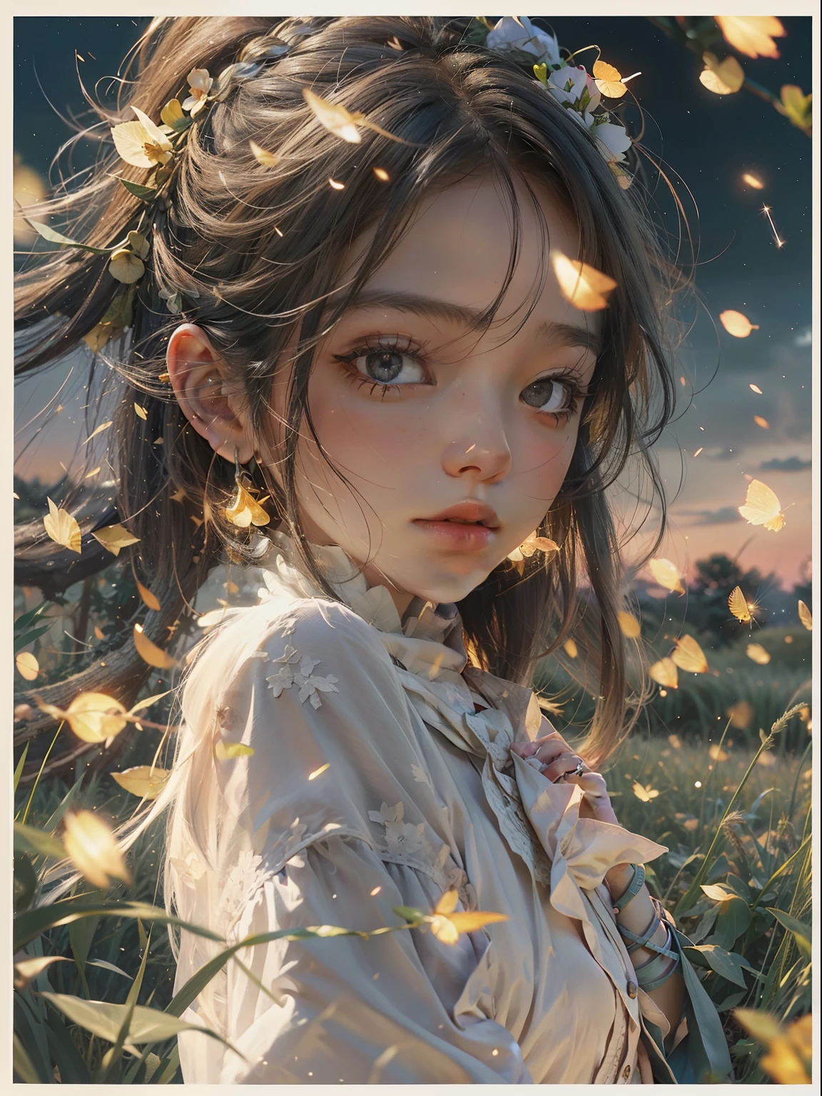 bit girl,There are large flakes of fireflies,Summer is coming to an end,On the lawn,evening light,Skysky,Faraway view,Hand detail,detail in face,plethora of colors