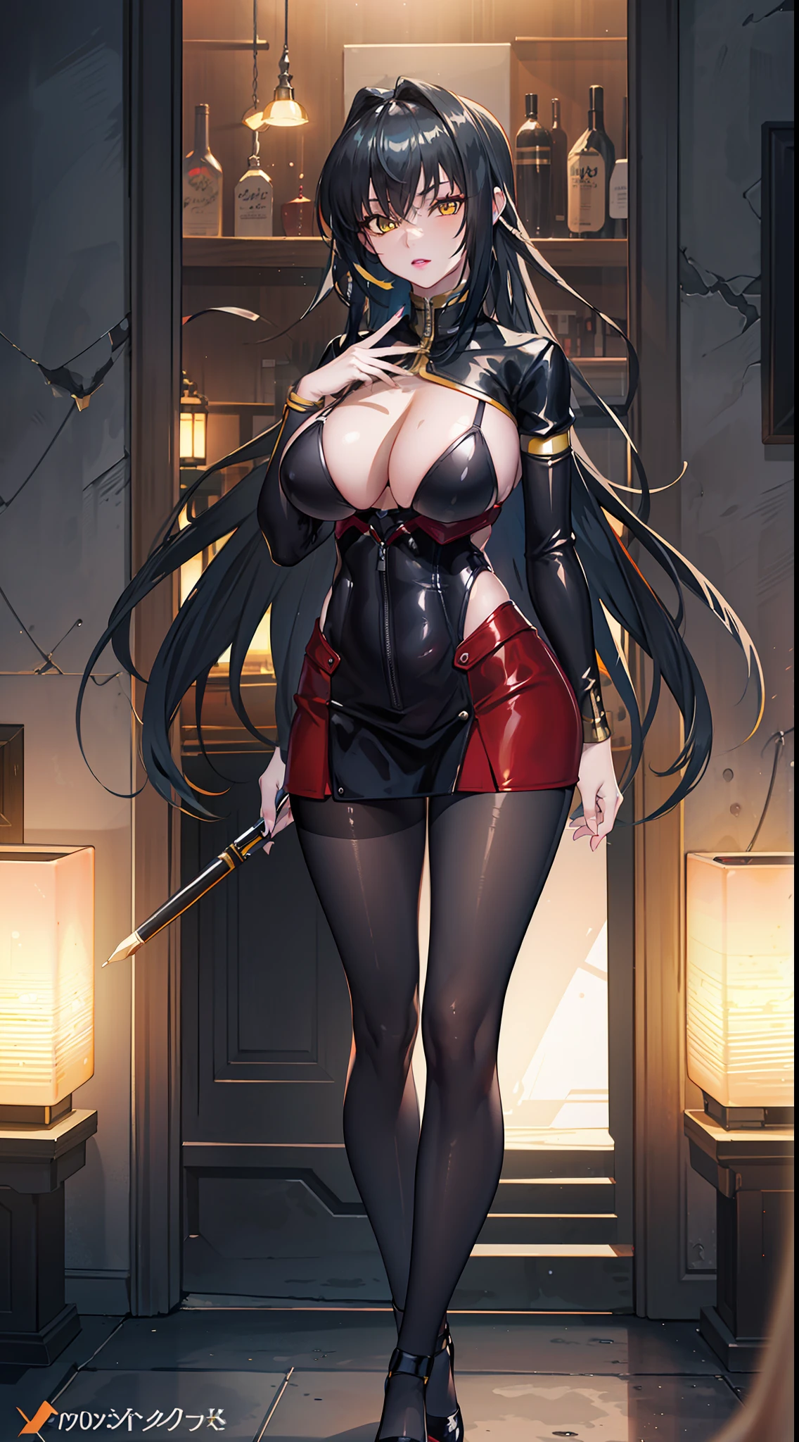 professional artwork, Intricate Details, field of view, sharp focus, detailed painting, photorealistic lighting, trending on pixiv, Standing at attention, black outfit ,yellow collared shirt,black and red bodysuit,skin_tight,black legwear, black pantyhose, Side_boob, black hair,very long hair, Bangs,yellow eyes,makeup, lipstick, 20yo,mature female,Beautiful Finger,Beautiful long legs,Beautiful body,Beautiful Nose,Beautiful character design, perfect eyes, perfect face, looking at viewer,official art,extremely detailed CG unreal engine 8k wallpaper, perfect lighting,Colorful, Bright_Front_face_Lighting, (masterpiece:1.0),(best_quality:1.0), ultra high res,4K,ultra-detailed, photography, 8K, HDR, highres, absurdres:1.2, Kodak portra 400, film grain, blurry background, (Beautiful,large_Breasts:1.4), (beautiful_face:1.5),(narrow_waist), (solo:1.4), ((landscape dimension)), rich detailed makeup, rich detailed eyeshadow, rich detailed lips, rich detailed lipstick, beautiful detail eyes