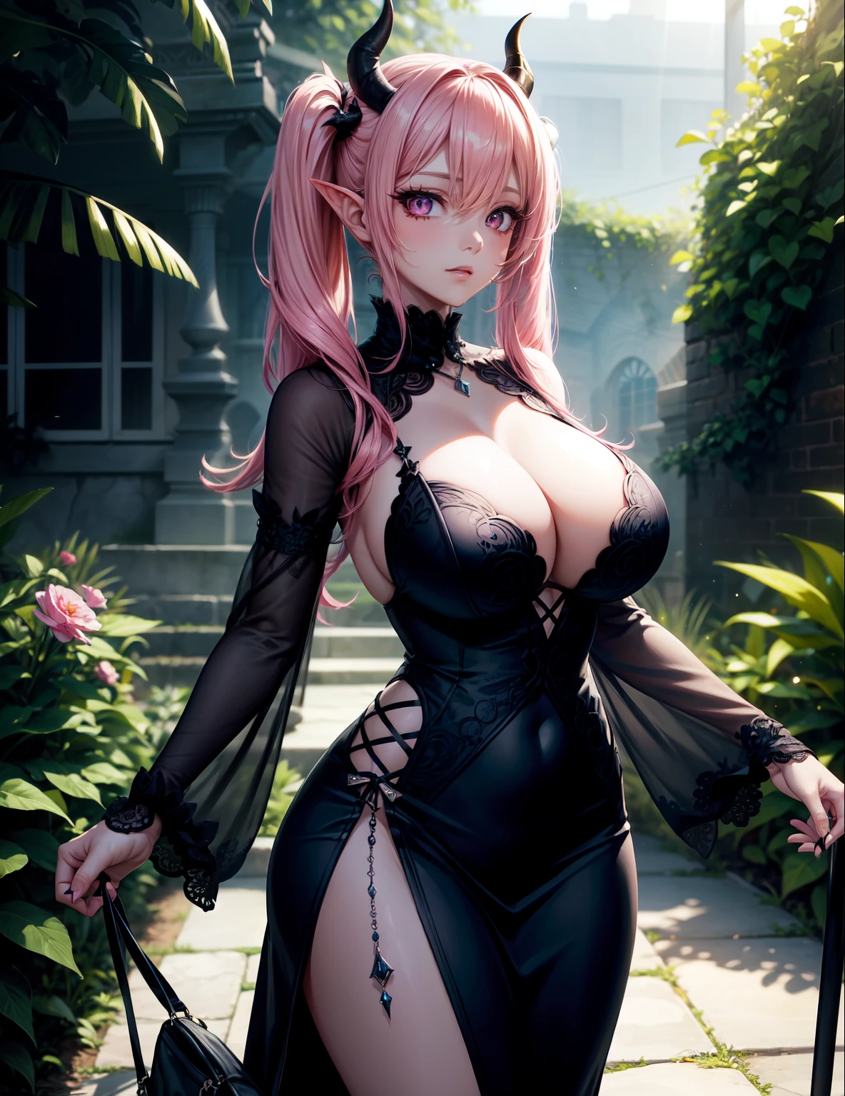 4k, twin tails ,Lens flare, pink hair ,mascara, eyeliner, god rays, 4k, 8k, best quality, masterpiece, hyper detailed, intricate detail, 1girl, solo, detailed, Detailed fuschia hair ++, detailed pink eyes ++,  raytracing, perfect shadow, highres, enhanced eyes,  huge breasts, horns, seductive,  hyper detailed,A succubus strolling through a moonlit garden, surrounded by dark and exotic plants, her presence captivating all who lay eyes upon her,  a dress intricately adorned with black lace and draped chains, creating a captivating mix of elegance and darkness.