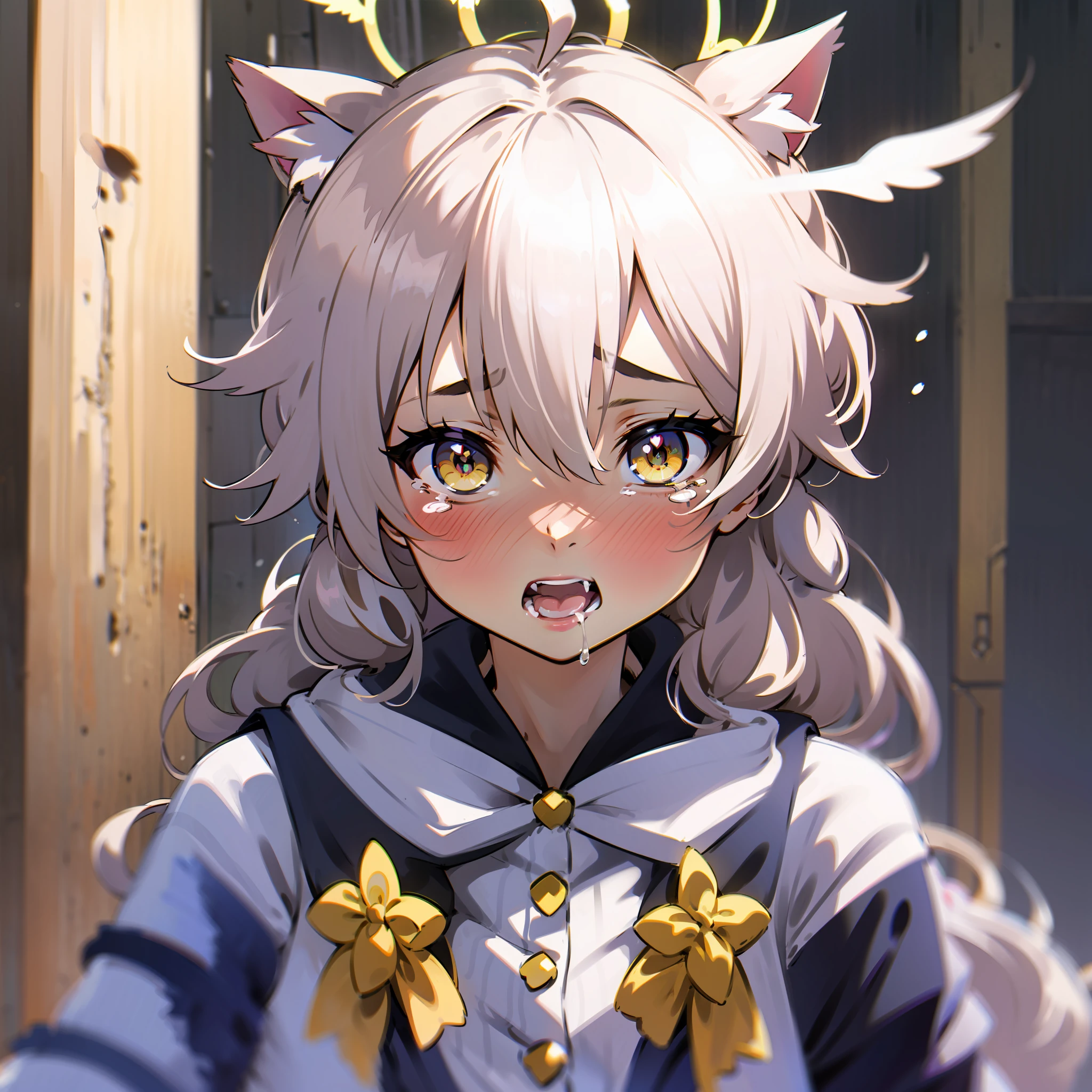 streaked hair, white hair, ahoge, braid, side braid, halo, ribbon, heart-shaped pupils, gradient eyes, streaming tears, yellow eyes, cat ears, kemonomimi mode, blush, shy, ear blush, heart in eye, full blush, moaning, heavy breathing, drooling, naughty face, naughty, fang, nose blush, anime, Surrealism, anime style, god rays, ray tracing, drop shadow, 8k, super detail, UHD, ccurate, high details, high quality, highres, 1080P