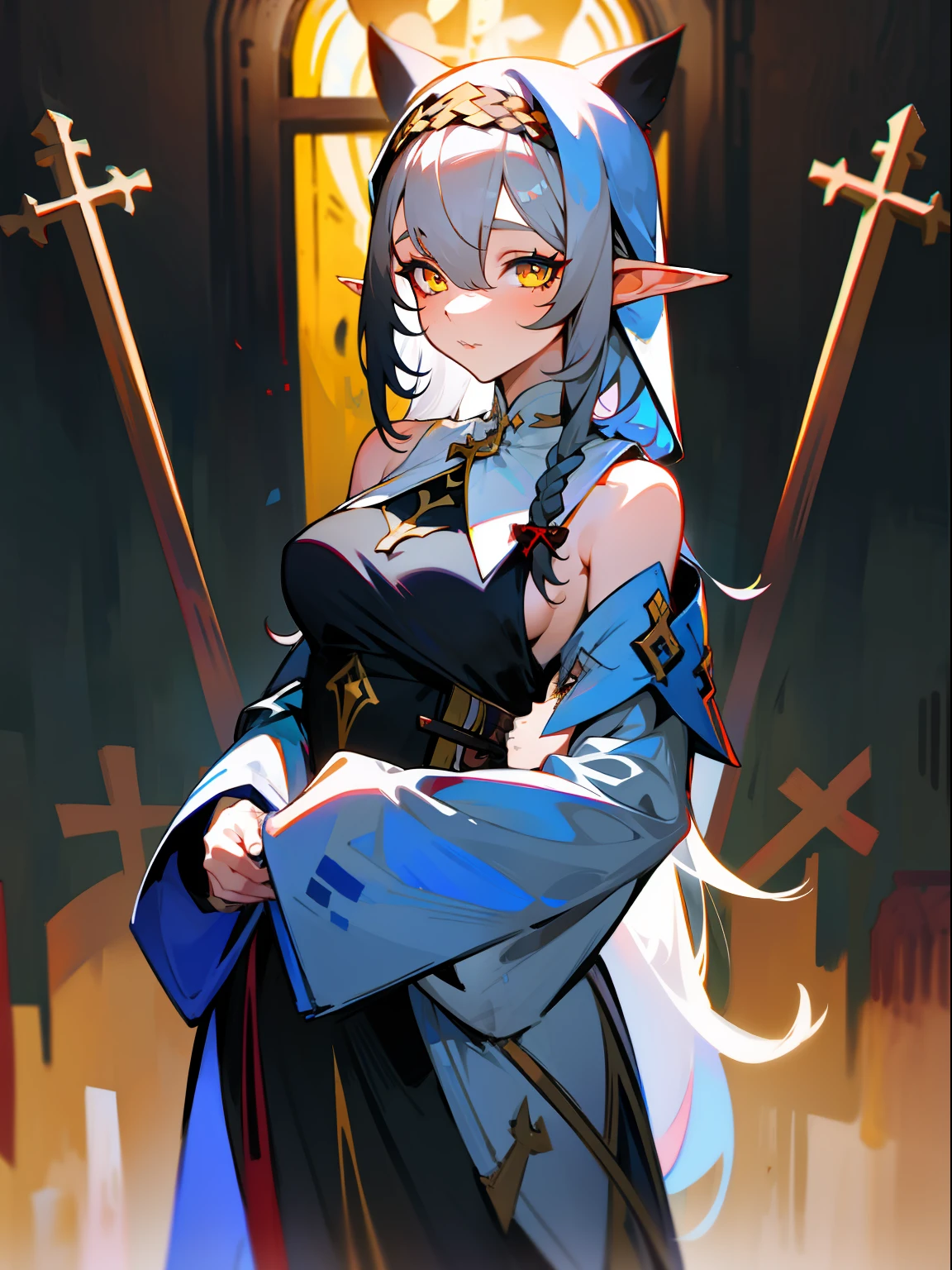 s girl,Nun dress,Standing painting,Bangs cover the left eye,ears of elf,Seductive expression,grey long hair,Braided on the shoulders,Yellow eyes,crosses