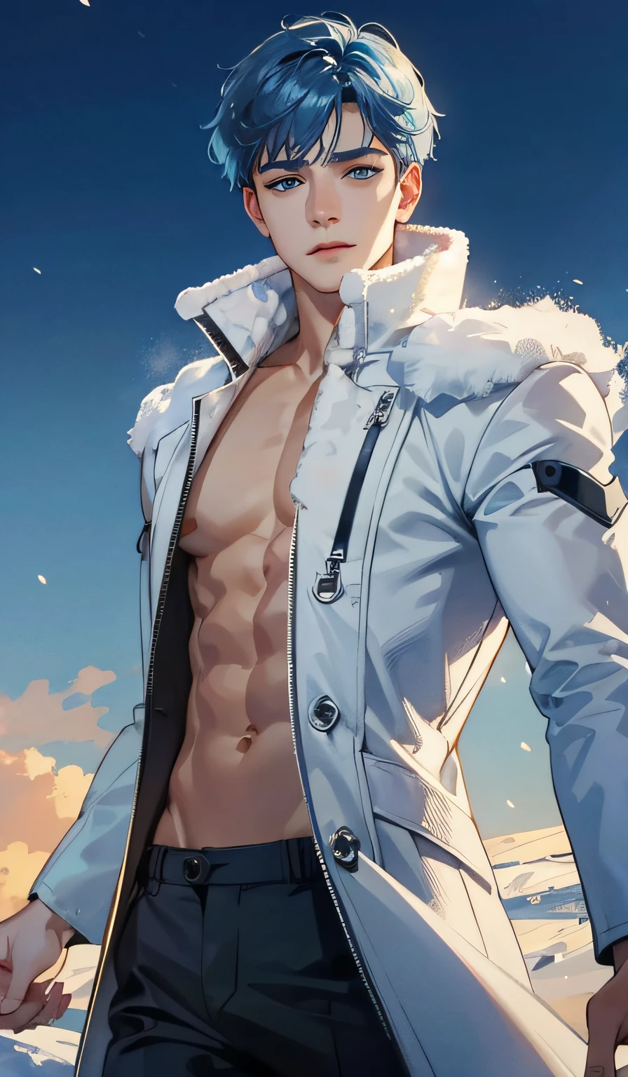 (absurd, high, extremely detailed),((masterpiece)), ((best quality:1.1)), High resolution, 8k,1 muscular, slim boy, 18 years old, (blue eyes: 1.1), shaded face, (blue hair, short hair, two bangs: 1.1), white fur coat with open chest, 6 pack belly, black tight pants, cold eyes, wild, looking at viewer, hand holding ice, anime style, snow, snowflakes, arctic, ice, frosty, HDR, HD, clear detail