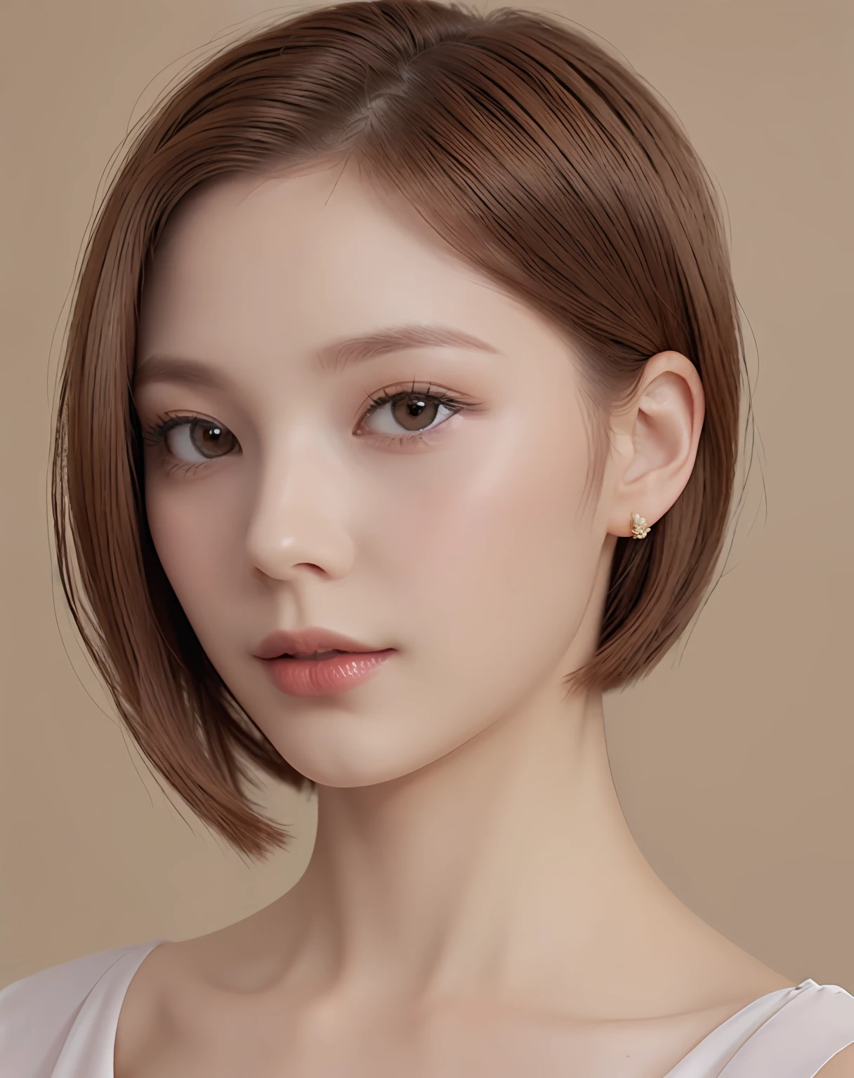 Elegant makeup, (Elegant shorthair,, Light brown hair color: 1.4) Elegant chiffon blouse