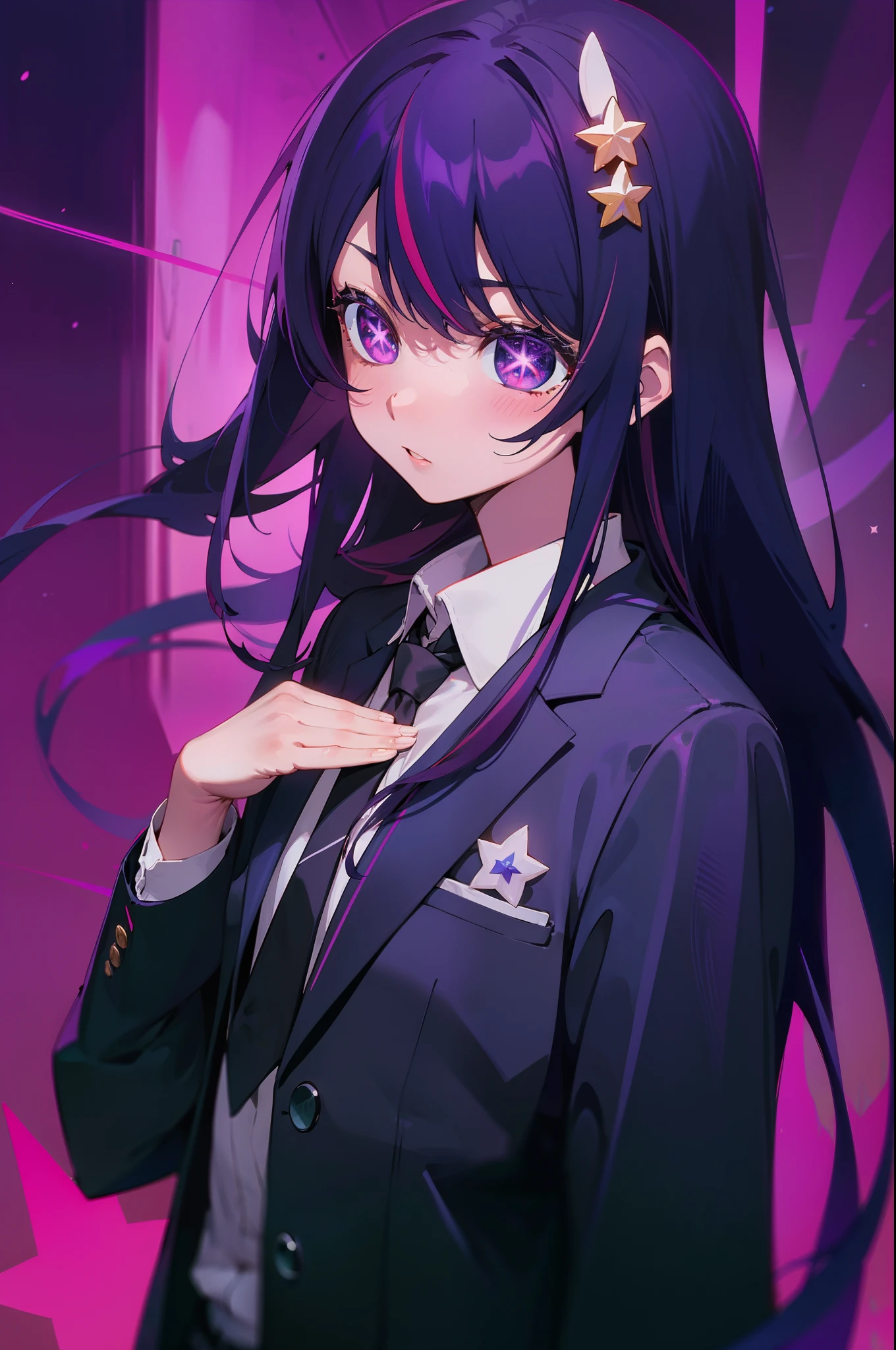 Hoshino Ai, long hair, purple hair, streaked hair ,purple eyes, star-shaped pupils, hair ornament, in a clean tidy black suit and tie jacket