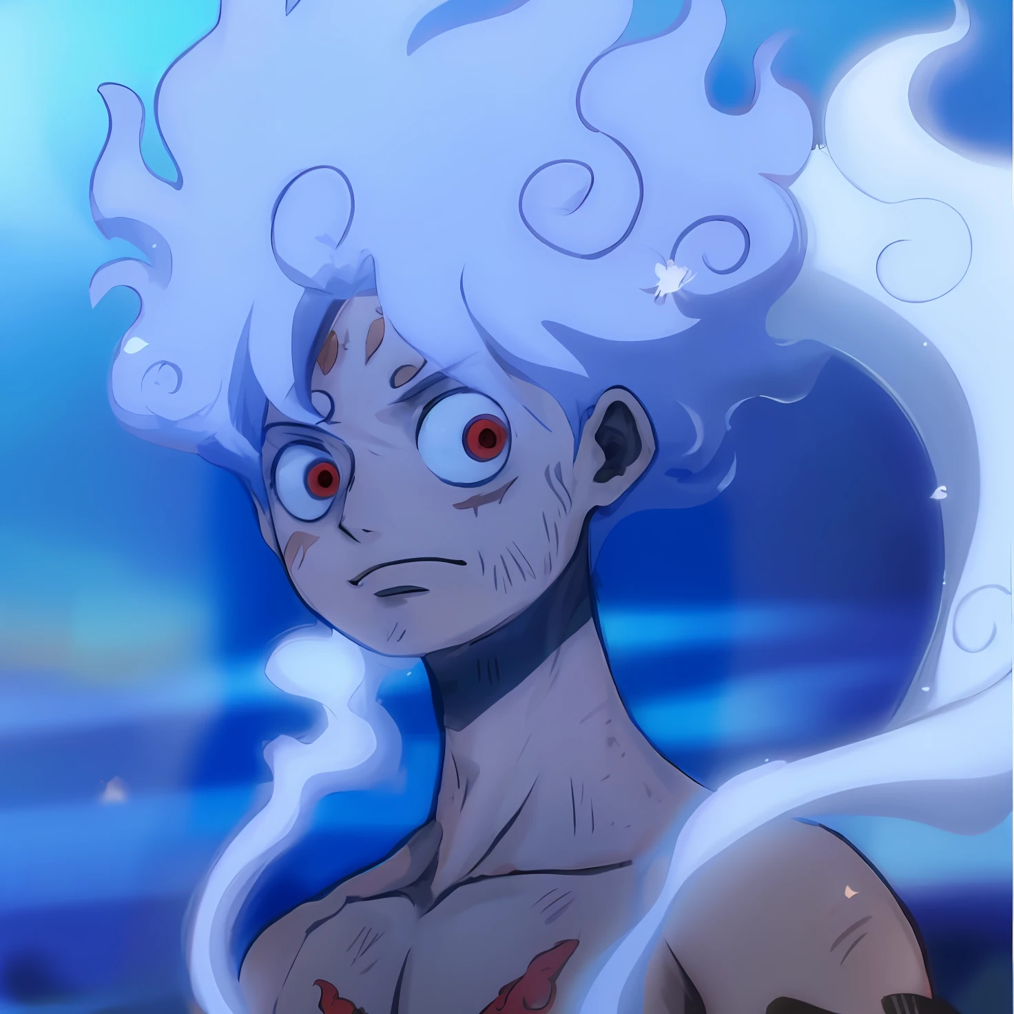 Anime character with white hair and red eyes standing in front of a blue background, Captura de tela de Black Clover, from one piece, Nagito Komaeda, inspirado em Eiichiro Oda, Otaku Gangasta, news, um louco de cabelos prateados, Retrato de Hisoka Hunter Hunter, Estilo Eiichiro Oda, Killua Zoldyck, Estilo de Eiichiro Oda, melhor qualidade, obra-prima