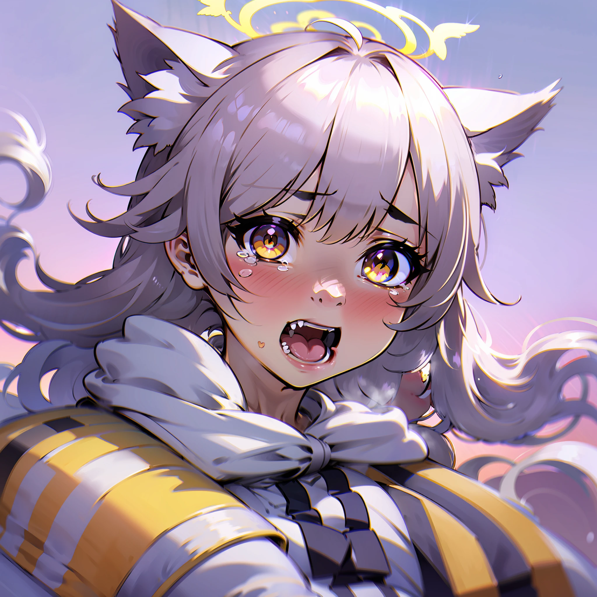 streaked hair, white hair, ahoge, braid, side braid, halo, ribbon, heart-shaped pupils, gradient eyes, streaming tears, yellow eyes, cat ears, kemonomimi mode, blush, shy, ear blush, heart in eye, full blush, moaning, heavy breathing, drooling, naughty face, naughty, fang, nose blush, anime, Surrealism, anime style, god rays, ray tracing, drop shadow, 8k, super detail, UHD, ccurate, high details, high quality, highres, 1080P