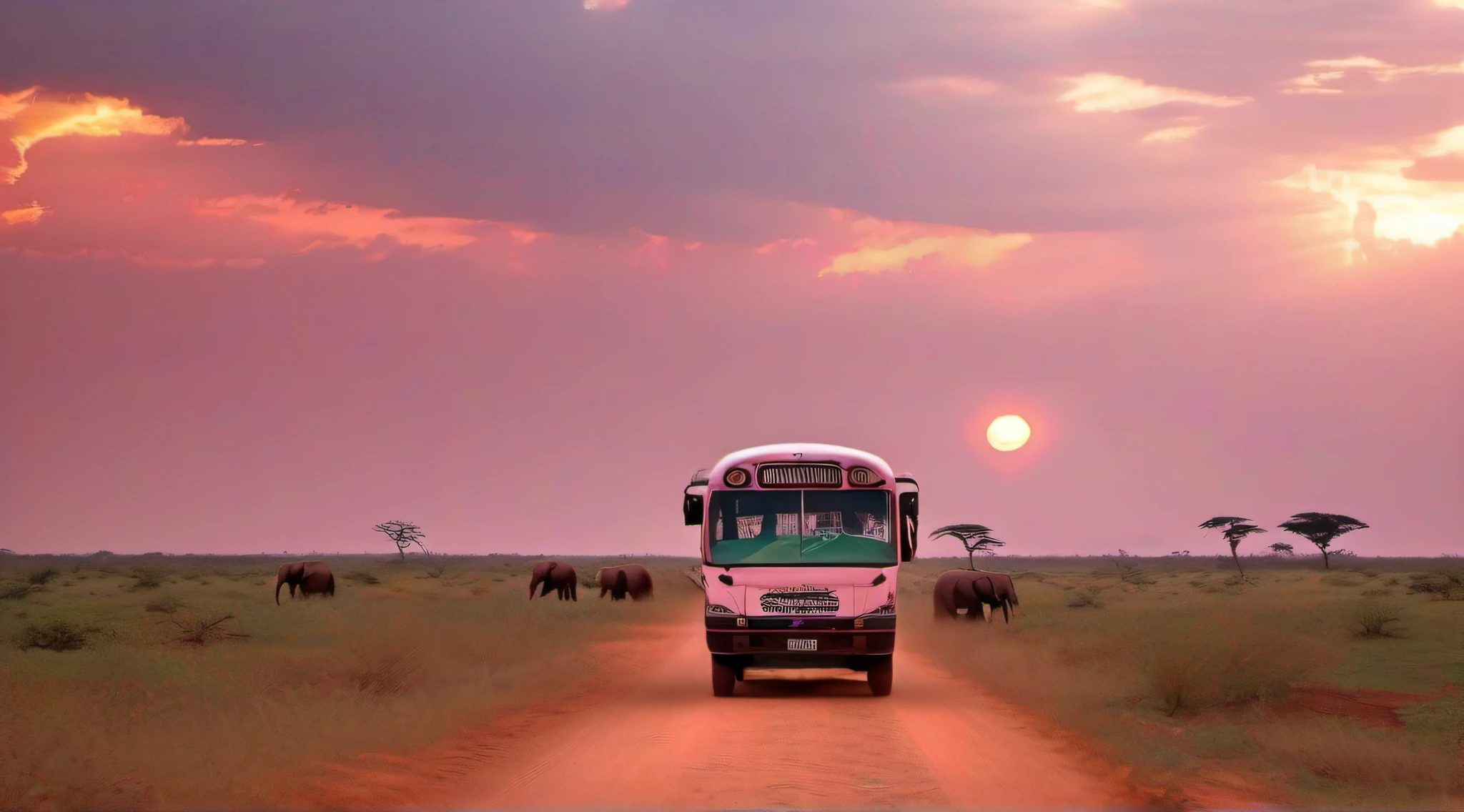 (A bus heading west on a dusty dirt road running east to west across the savanna is bathed in the western sun):1.5, (its windshield and flanks concave and the entire area including the body of the bus is tinted pink):1.6, Just as the sun is about to set, ((two elephants slowly walk past us)), ((The view from the back of the bus)), masterpiece, realisitic