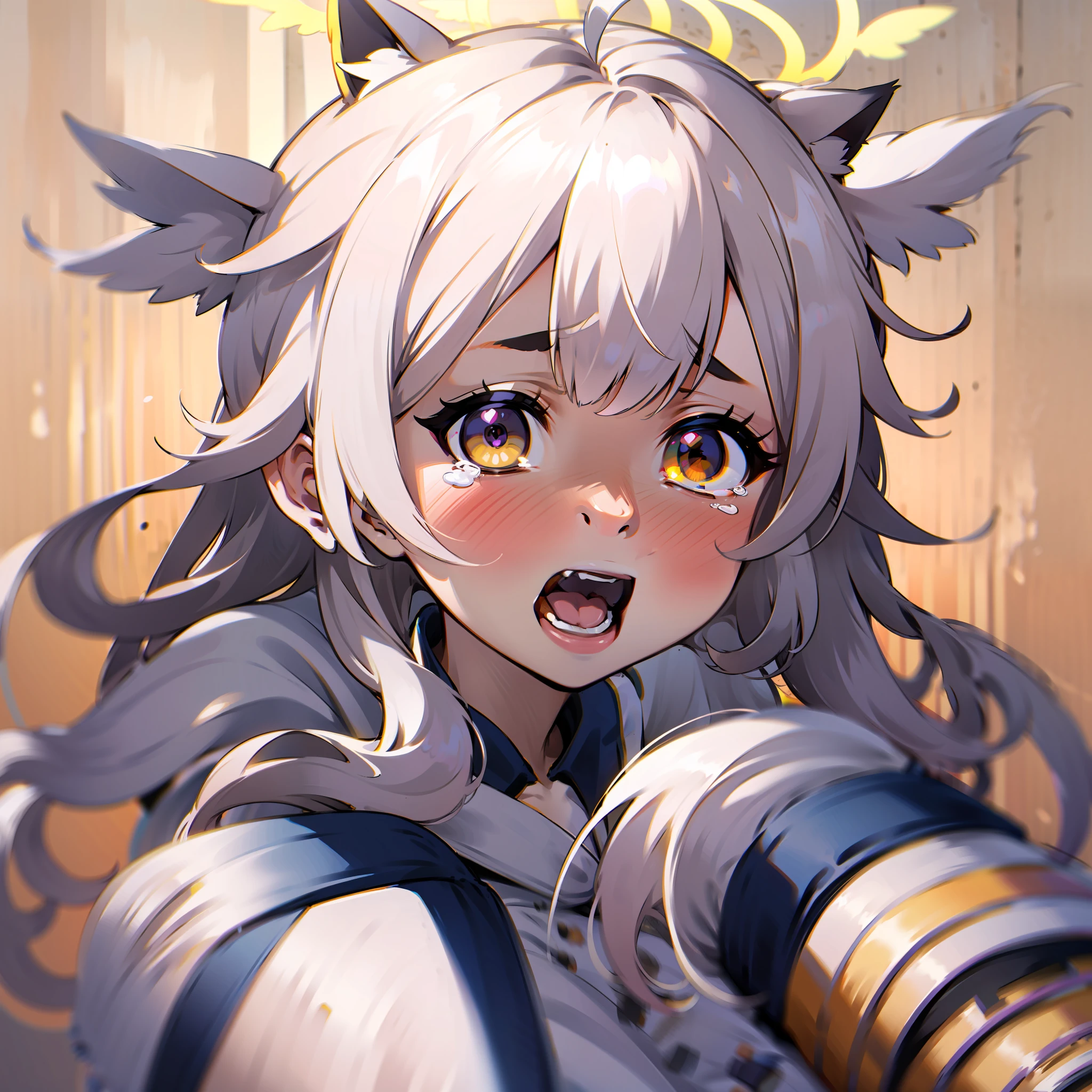 streaked hair, white hair, ahoge, braid, side braid, halo, ribbon, heart-shaped pupils, gradient eyes, streaming tears, yellow eyes, cat ears, kemonomimi mode, blush, shy, ear blush, heart in eye, full blush, moaning, heavy breathing, drooling, naughty face, naughty, fang, nose blush, anime, Surrealism, anime style, god rays, ray tracing, drop shadow, 8k, super detail, UHD, ccurate, high details, high quality, highres, 1080P