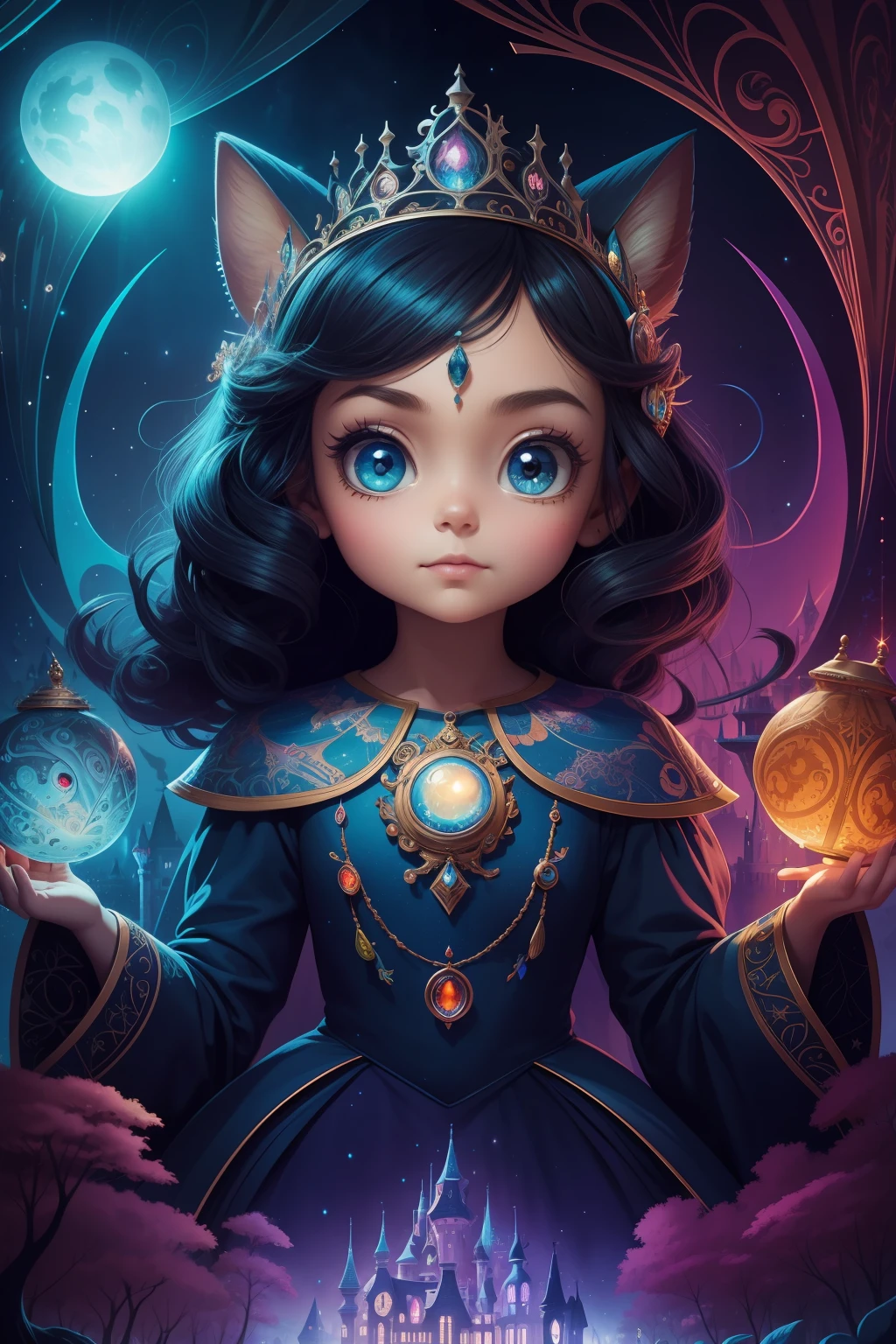 triadic colors, best quality,  a close up ,  princess,  detailed face , big eyes,   castle , glittering ,  perfect anatomy   , by Craola , Dan Mumford, Andy Kehoe, 2d, flat, cute, adorable, vintage, art on a cracked paper, fairytale, storybook detailed illustration, cinematic,  ultra highly detailed  , tiny details,  beautiful details, mystical,  luminism, ,vibrant colors ,  complex background,