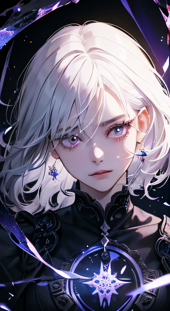 (masterpiece, best quality, ultra-detailed, best shadow), (detailed background,dark fantasy), (beautiful detailed face), high contrast, (best illumination, an extremely delicate and beautiful), ((cinematic light)), colorful, hyper detail, dramatic light, intricate details, (1girl, solo,white hair, sharp face,purple eyes, hair between eyes,dynamic angle), blood splatter, swirling black light around the character, depth of field,black light particles,(broken glass),magic circle,