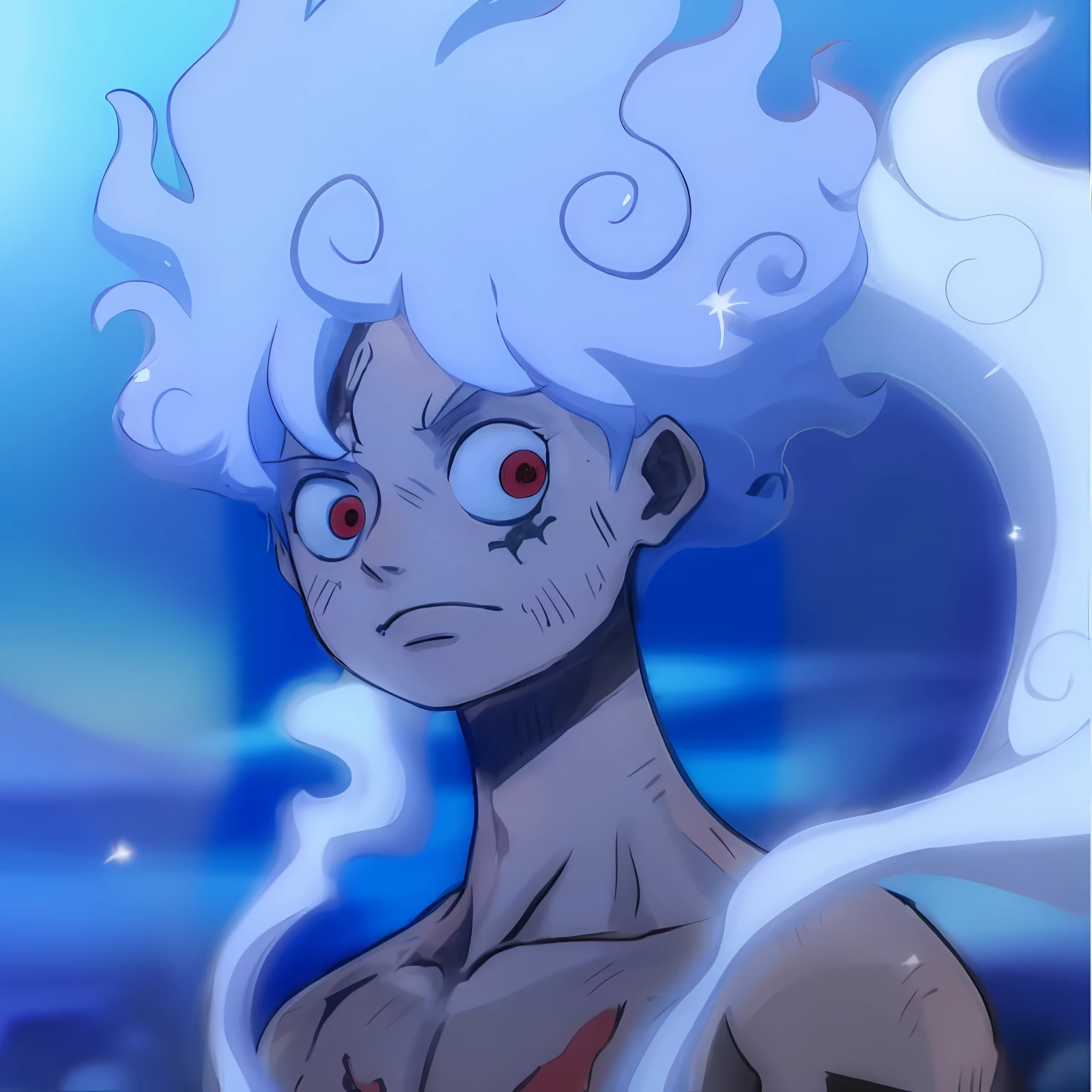 Anime character with white hair and red eyes standing in front of a blue background, Captura de tela de Black Clover, from one piece, Nagito Komaeda, inspirado em Eiichiro Oda, Otaku Gangasta, news, um louco de cabelos prateados, Retrato de Hisoka Hunter Hunter, Estilo Eiichiro Oda, Killua Zoldyck, Estilo de Eiichiro Oda, melhor qualidade, obra-prima