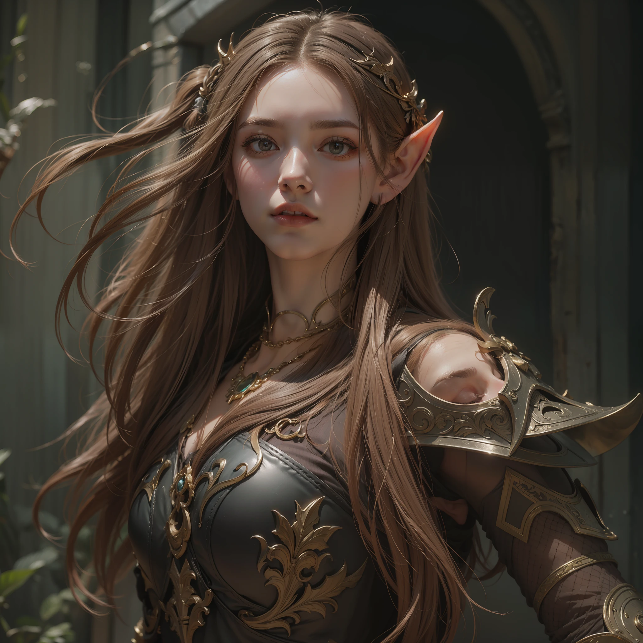 Beautiful close-up portrait painting of perfect female elf warrior, shapeless long hair, perfect features, (wearing baroque elven armor), abstract beauty, near perfection, pure form, dynamic pose, ethereal background, (deep dark shadows), (strong cinematic lighting), (rim lighting), concept art by Greg Rutkowski and John William Waterhouse and Alphonse Mucha, intricate detail, 8k post-production, High resolution, super Detail, trending on ArtStation, sharp focus, depth of field f/1.8, studio photos, ((looking at camera.))