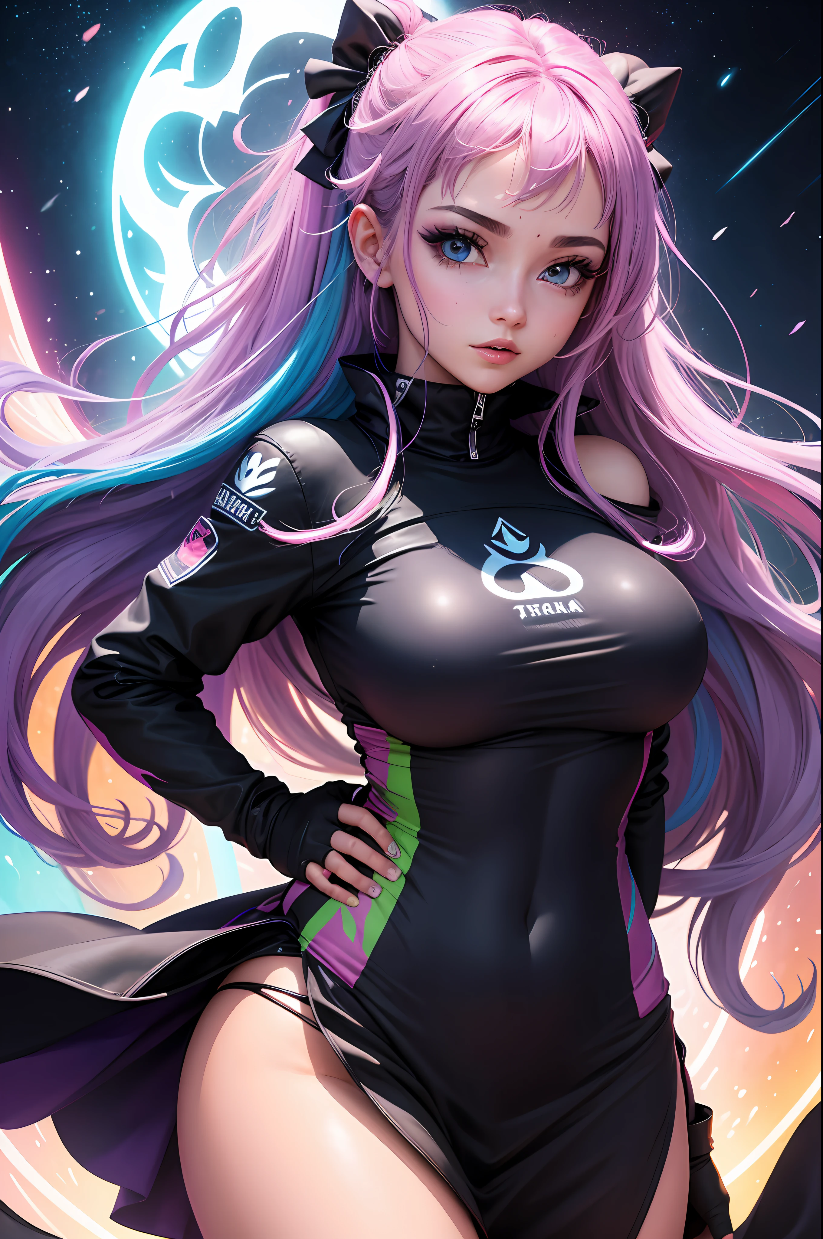 Mulher ninja com fone de ouvido sentido paz, olhos brilhantes com estrela, rosto bonito e peitos grandes, cores RGB, cabelo rosa brilhante, colorido anime, fundo brilhante, Banner for youtube video, menina feliz, nuvens com cores RGB, cores RGB brilhantes, completo, ser celestial, garota gamer. --auto