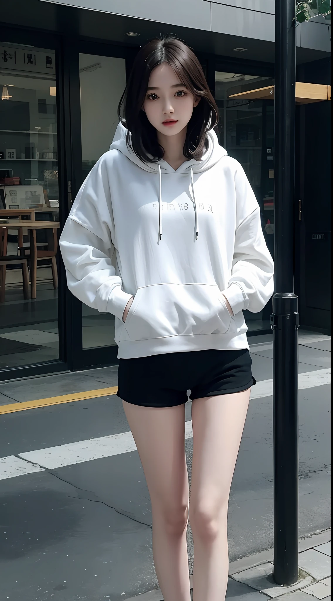 Weibo, aesthetic, pale skin, hoodie, shorts, wide thigh gap, masterpiece