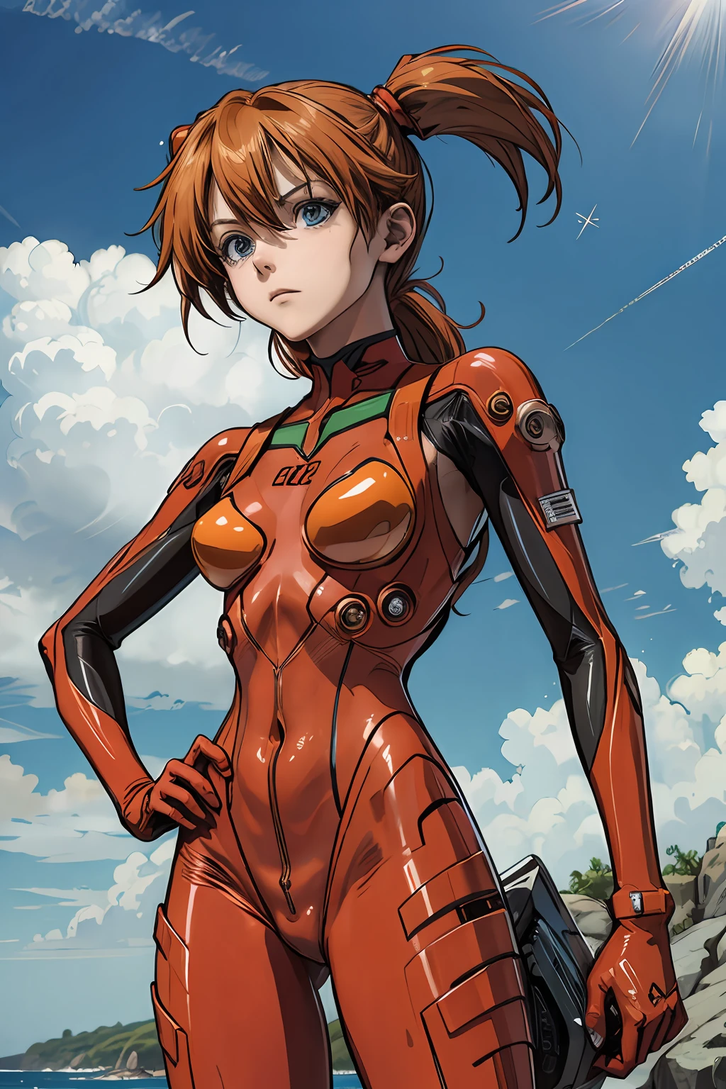 Souryu Asuka Langley eva suit, na grama, (melhor qualidade, obra-prima:1.2), fotorrealista, anime. contornos grossos, sombras fortes, 1 ******, corpo inteiro, peito pequeno, praia, blue skies, nuvens, cabelo laranja, fundo detalhado, rosto detalhado,