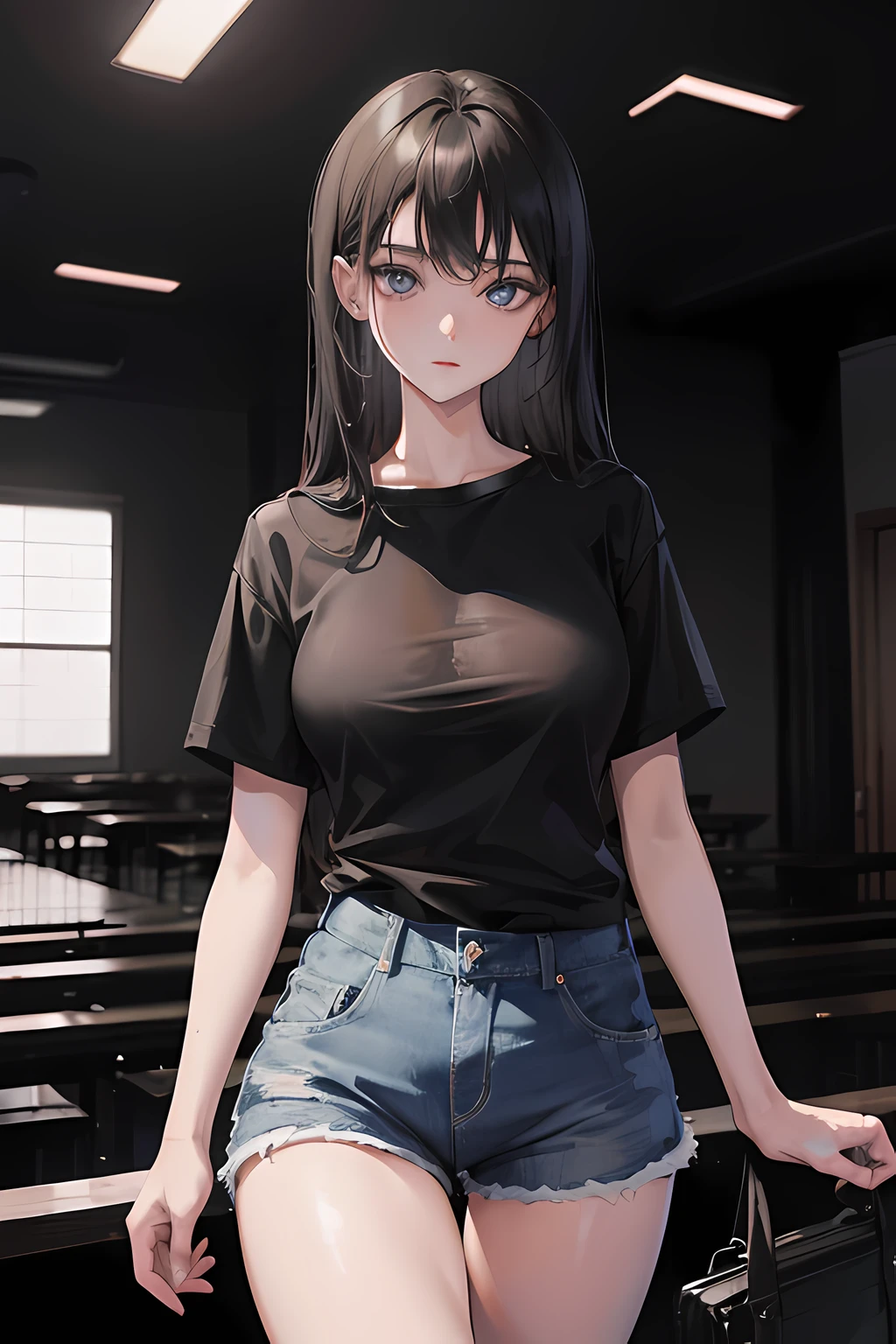 1 girls, long black hair, blue eyes, wearing plain black shirt, wet shirt, denim shorts, absurdres, high res, ultrasharp, 8k, masterpice, looking at viewer