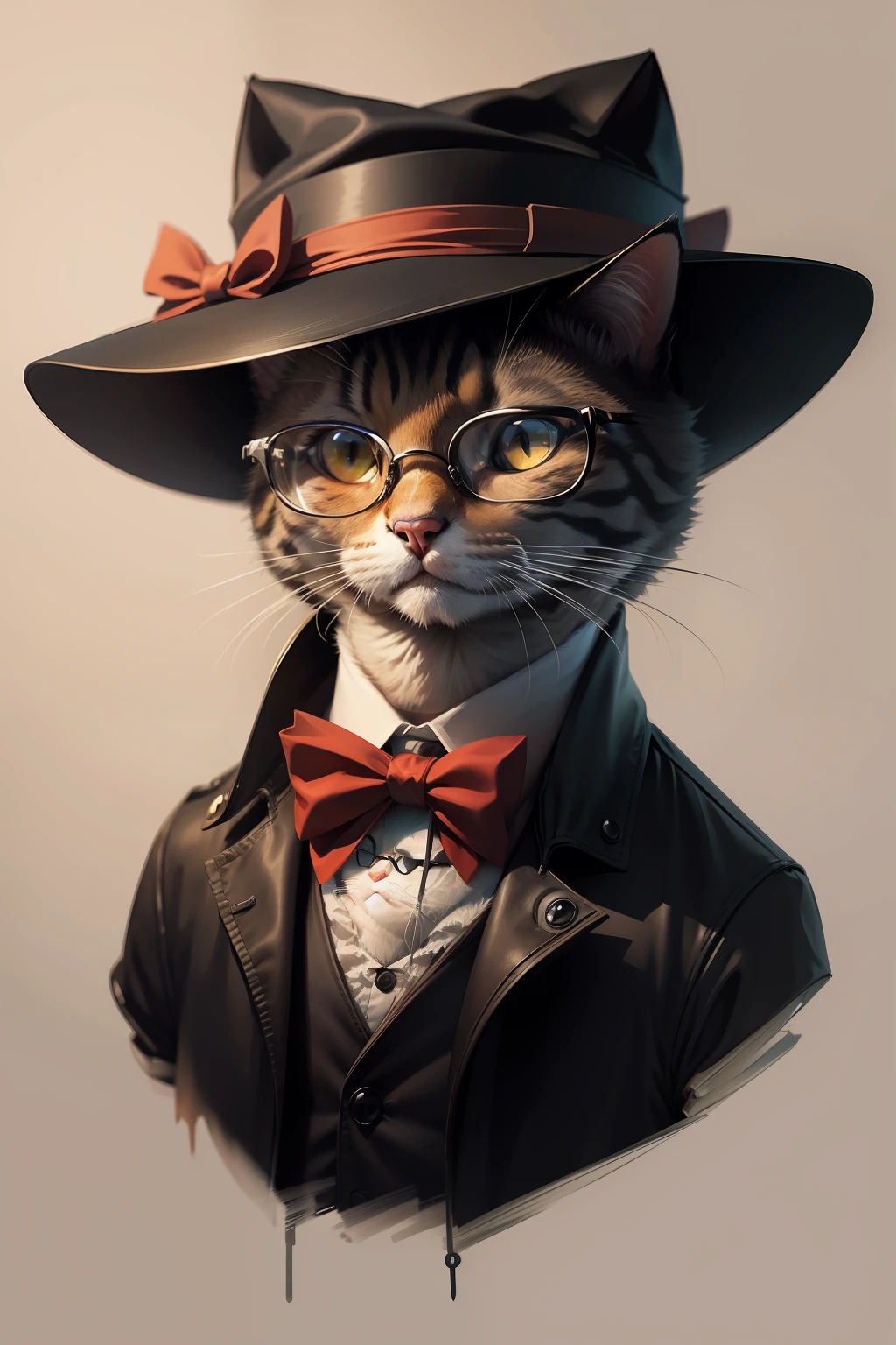 a drawing of a cat with a hat and glasses on, eerie and grim art style