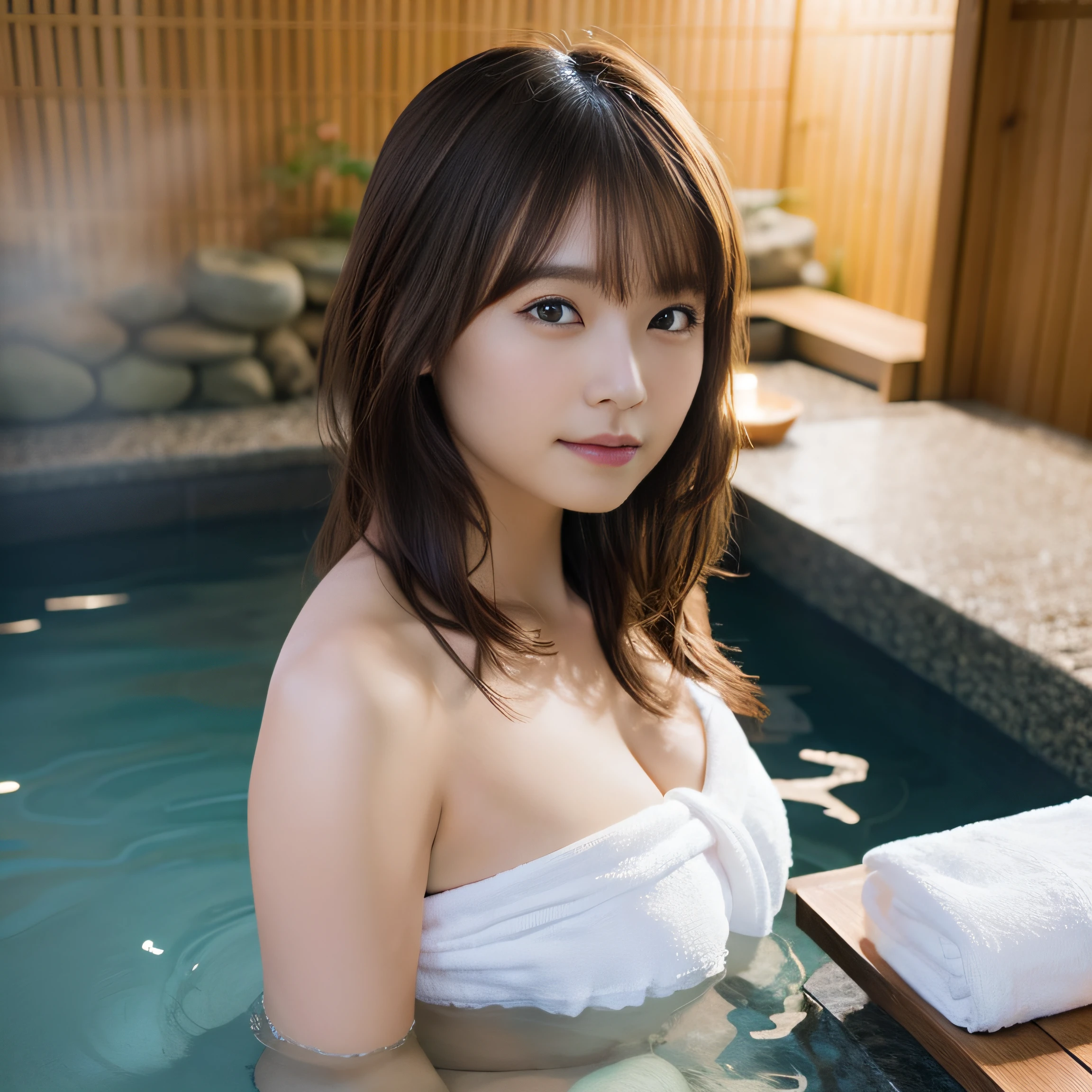 8K、(realisitic、Photorealsitic:1.4)、(masterpiece:1.2)、(top-quality:1.4)、(超A high resolution:1.2)、(RAW Photography:1.2)、(foco nítido:1.3)、(facefocus:1.2)、(full bodyesbian:1.6)、(35 year old:1.4)、1girl, (solo:1.5), (onsen:1.3),1girl, (solo:1.2), long hair, (towel:1.3), beautidful eyes, dual、Look at viewers, (cute little)、nogizaka:1.4、Towels should be up to chest level、Towels fit the body、Roll the towel horizontally in the chest position、Beautiful fingers、Bathing scene、hot onsen、Wrap a towel around your body、outdoor bath、during daytime