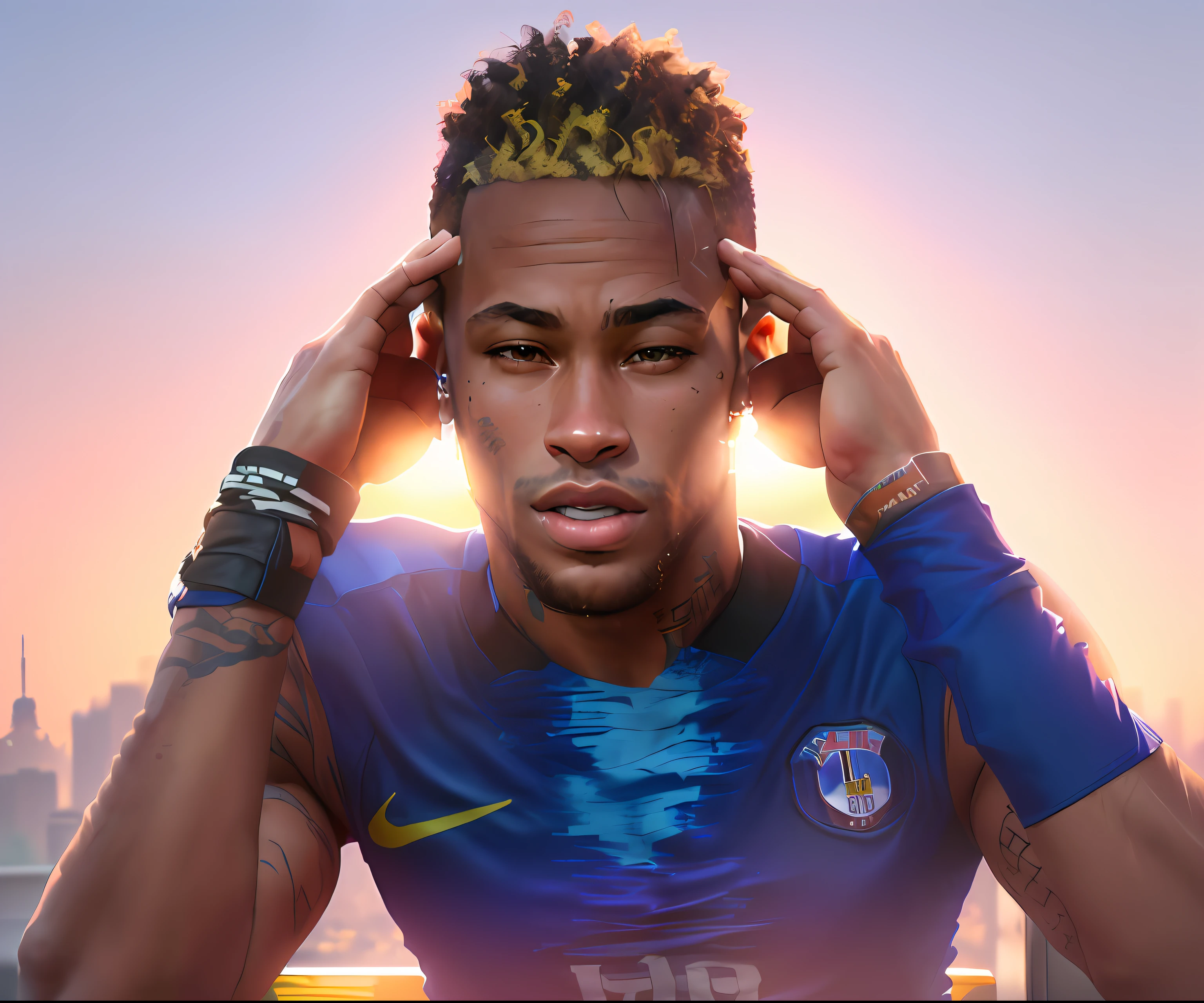 a closeup of a football player holding his head in his hands, neymar jr, neymar, Neymar em Fortnite, 😃😀😄☺🙃😉😗, Paris, 🪔 🎨;🌞🌄, inspirado em Jules Tavernier, 🇺🇦, ombro na frente pose, apenas 3 / 4 retrato, 🎨🖌, neymar em gta v