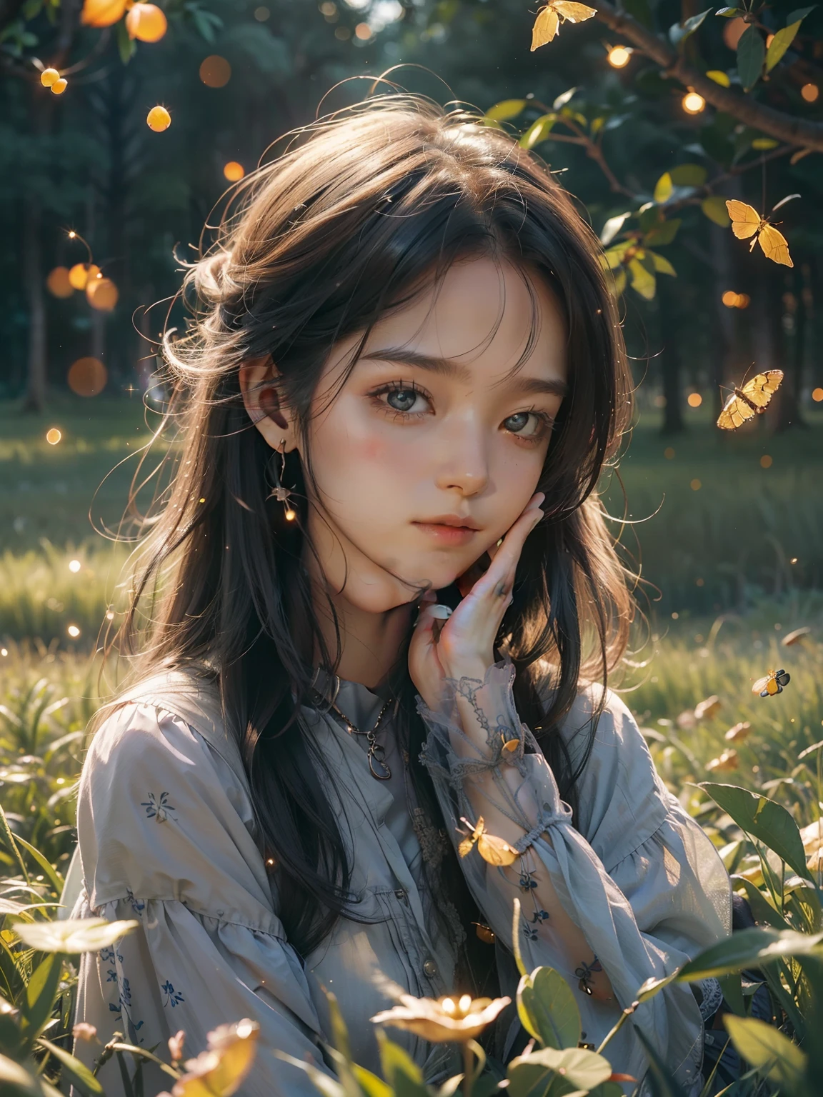bit girl，There are large tracts of fireflies，Summer is coming to an end，On the lawn，evening light，Skysky，Faraway view，Hand detail，detail in face，plethora of colors