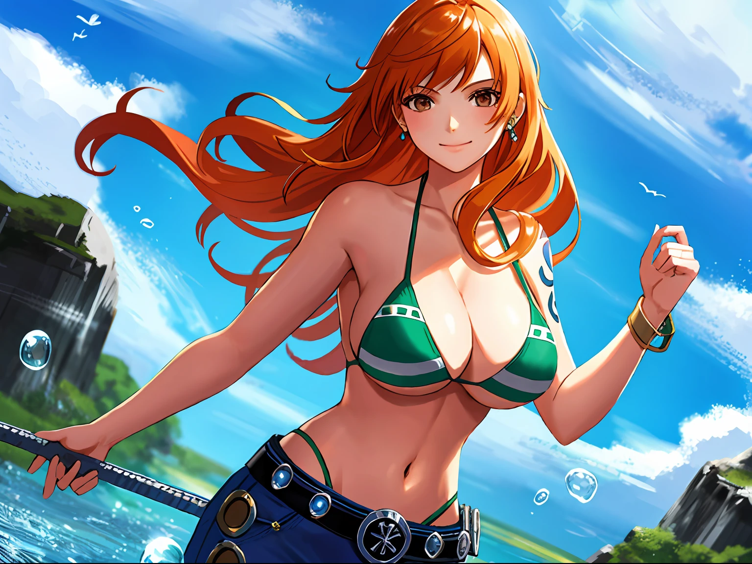 detailed background, masterpiece, best quality, 1girl, solo, nami \(one piece\), 1girl, bangle, detailed arms, fists, muscular body, seductive, wrestling entrance, bangs, bare shoulders, belt, bikini, bikini top only, blue sky, bracelet, breasts, brown eyes, bubble, cleavage, cloud, cowboy shot, day, denim, earrings, floating hair, green belt, green bikini, groin, jeans, jewelry, large breasts, log pose, long hair, looking at viewer, navel, orange hair, pants, shoulder tattoo, sidelocks, sky, smile, solo, standing, stomach, swimsuit, tattoo , looking at viewer, fight pose