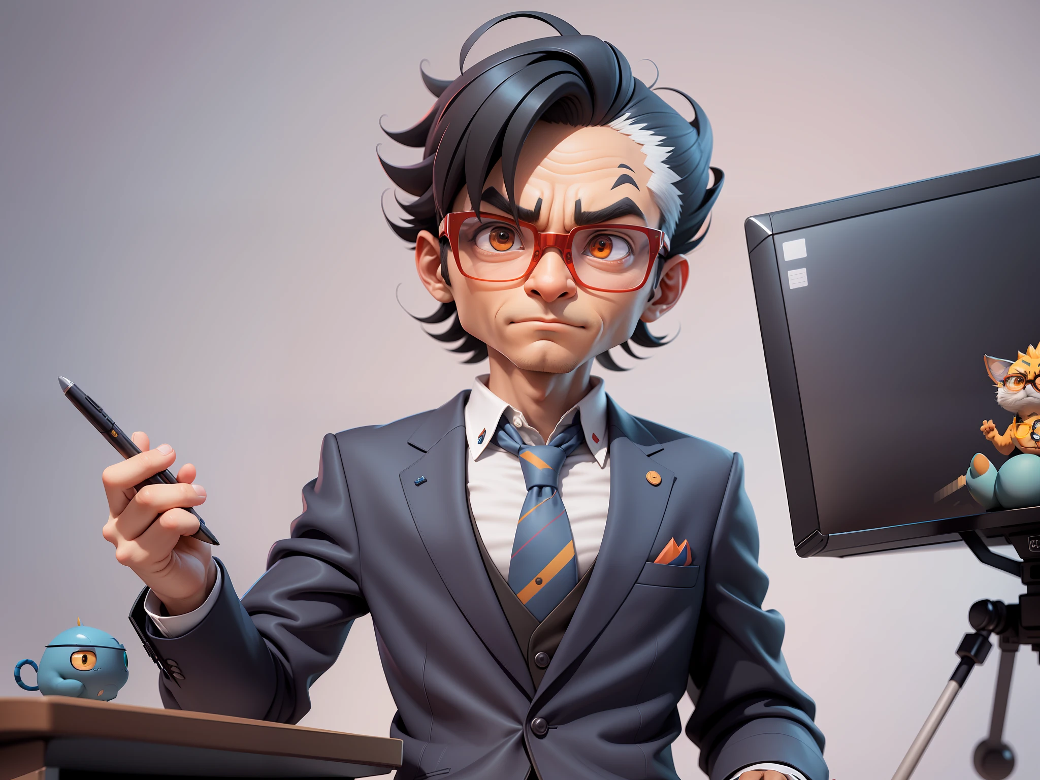 A young man in a suit, Short hair and glasses sat at his desk，holding laptop，digitial painting，tigre，3D character design by Mark Clairen and Pixar and Hayao Miyazaki and Akira Toriyama，4K HD illustration，Very detailed facial features and cartoon-style visuals。