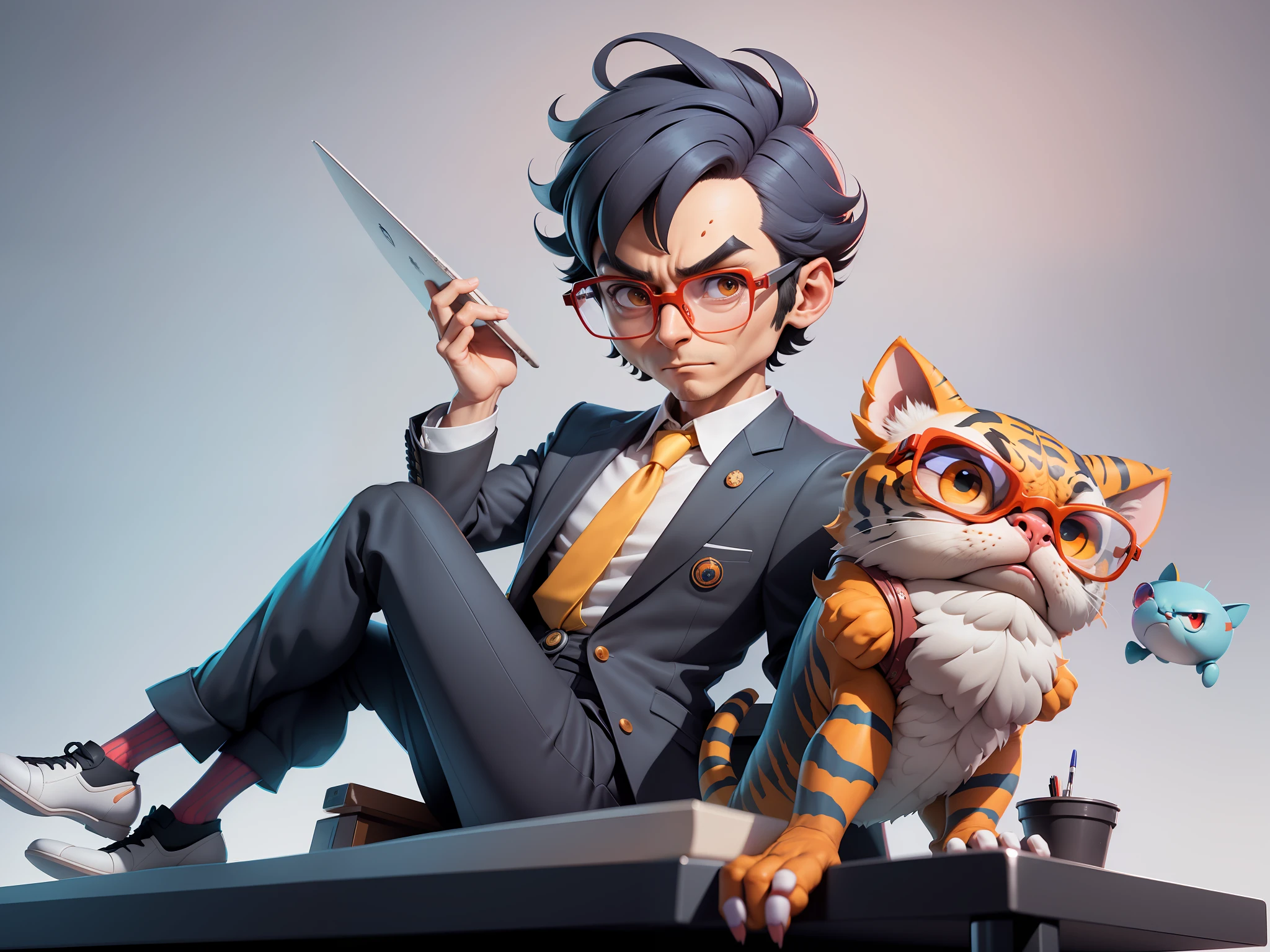 A young man in a suit, Short hair and glasses sat at his desk,holding laptop,digitial painting,tigre,3D character design by Mark Clairen and Pixar and Hayao Miyazaki and Akira Toriyama,4K HD illustration,Very detailed facial features and cartoon-style visuals。