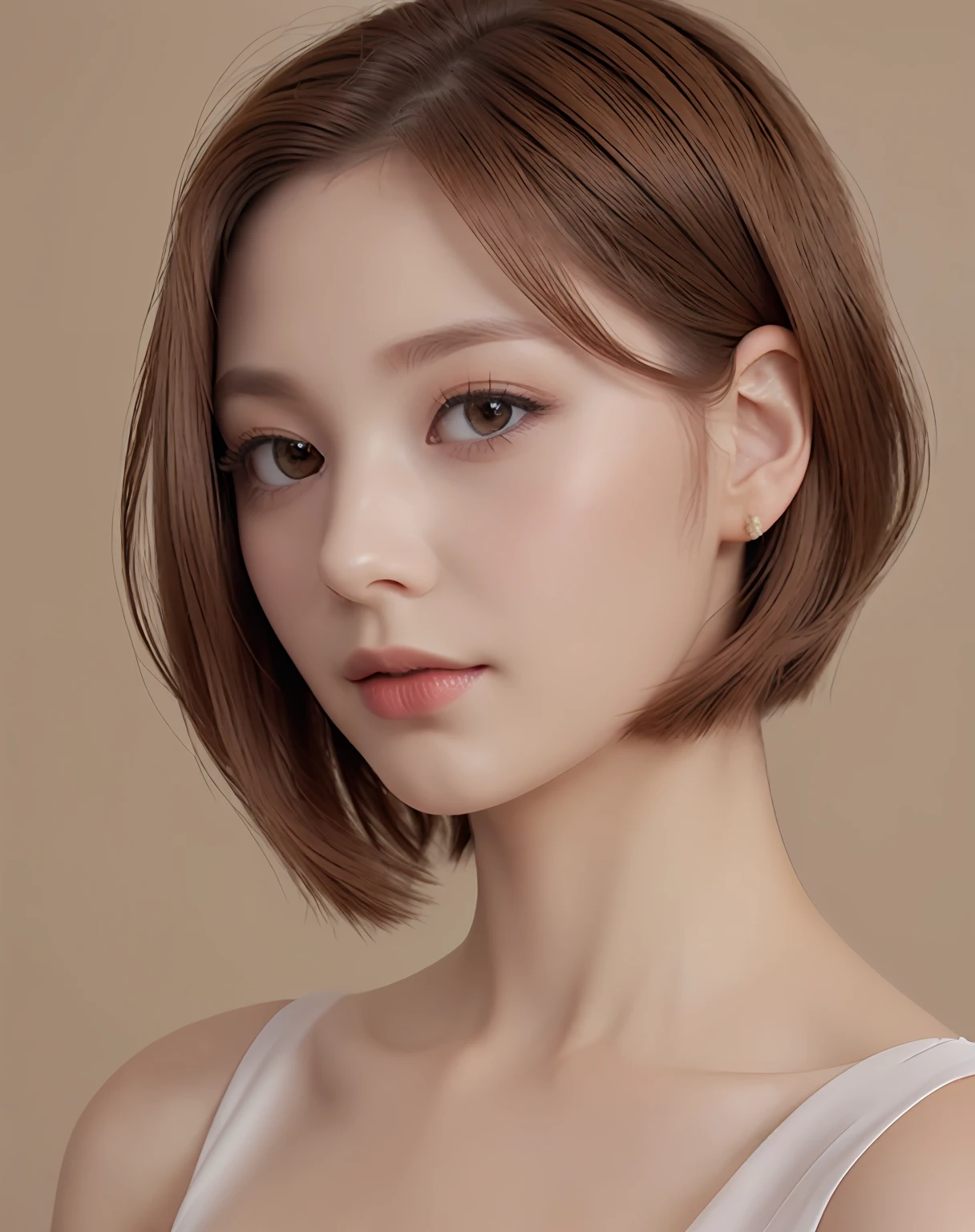 Elegant makeup, (Elegant shorthair,, Light brown hair color: 1.4) Elegant chiffon blouse