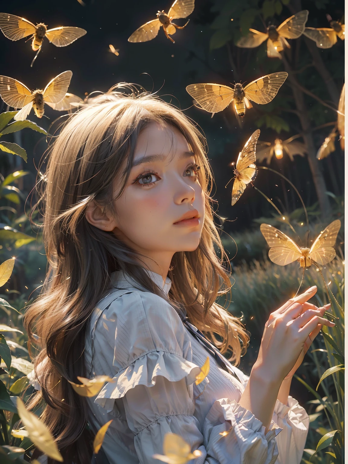 bit girl,There are large tracts of fireflies,Summer is coming to an end,On the lawn,evening light,Skysky,Faraway view,Hand detail,detail in face,plethora of colors
