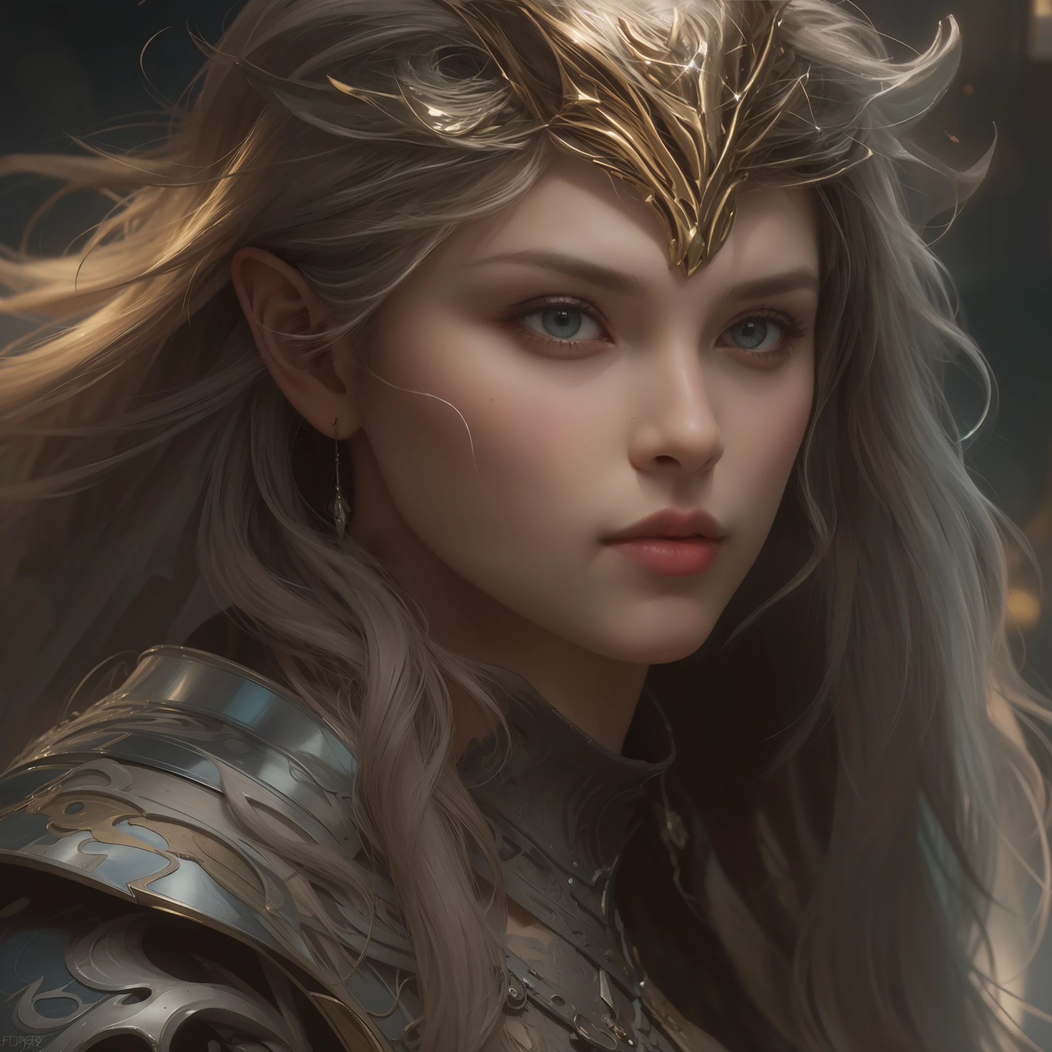 Beautiful close-up portrait painting of perfect female elf warrior, shapeless long hair, perfect features, (wearing baroque elven armor), abstract beauty, near perfection, pure form, dynamic pose, ethereal background, (deep dark shadows), (strong cinematic lighting), (rim lighting), concept art by Greg Rutkowski and John William Waterhouse and Alphonse Mucha, intricate detail, 8k post-production, High resolution, super Detail, trending on ArtStation, sharp focus, depth of field f/1.8, studio photos, ((looking at camera.))