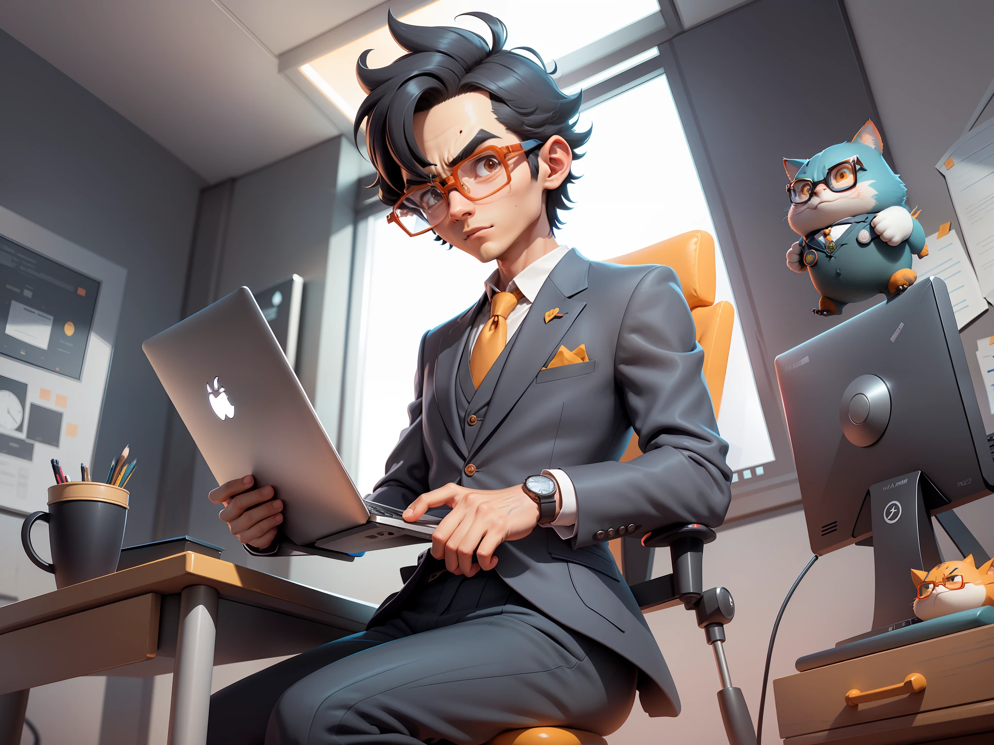 A young man in a suit, Short hair and glasses sat at his desk,holding laptop,digitial painting,tigre,3D character design by Mark Clairen and Pixar and Hayao Miyazaki and Akira Toriyama,4K HD illustration,Very detailed facial features and cartoon-style visuals。