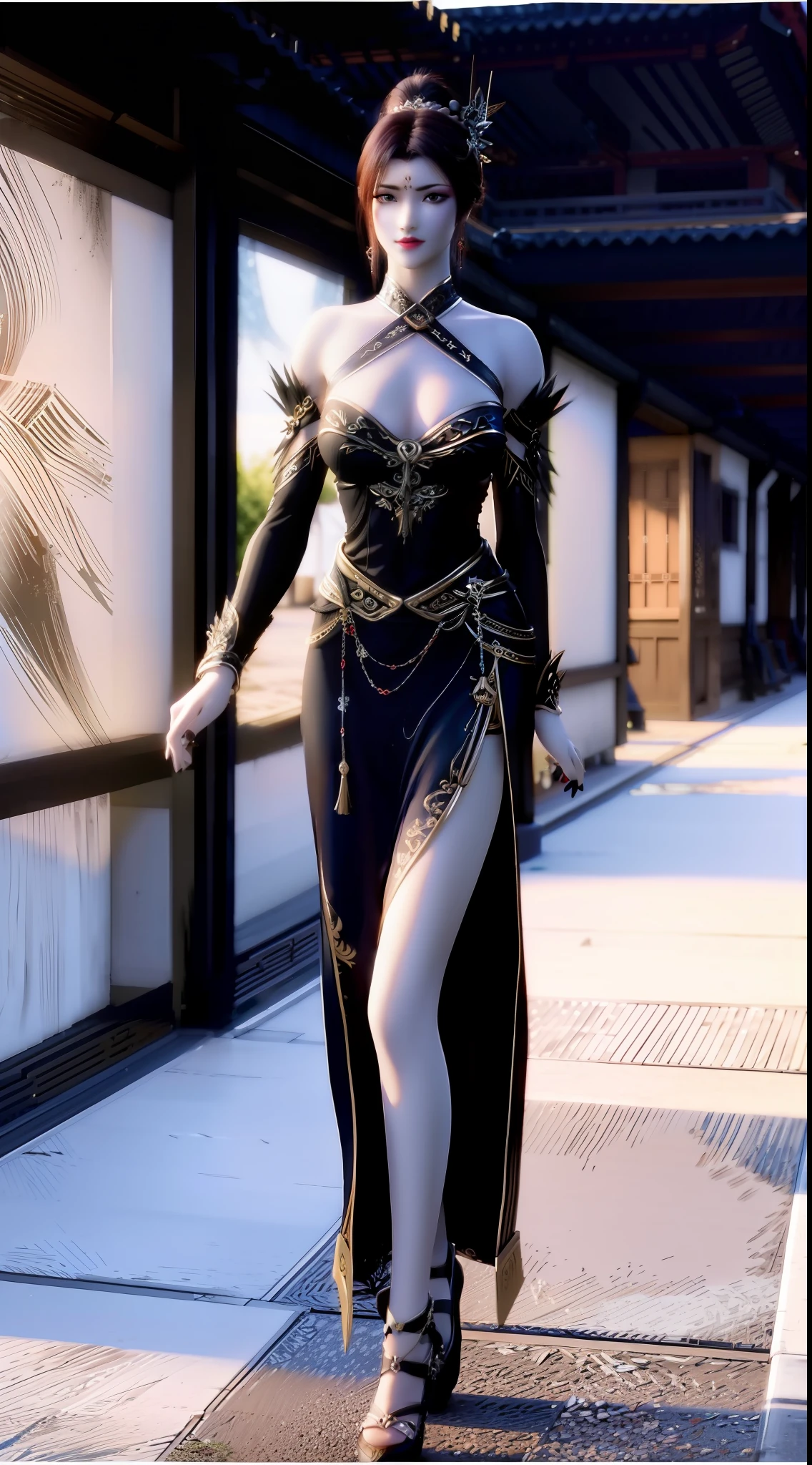 tmasterpiece,best qualtiy,offcial art,(Highest high resolution:grain),(A detailed:1.7),Kizi,Stunning appearance,Brown hair long,hair adornments,hair-bun,Big bright eyes,lipsticks,perfect bodies,Wearing a dress,Bare shoulders,Open abdomen,Show long legs,(huge tit:D-cups),3D,delicated,Above the legs,softlighting,best illuminate,独奏,Xianxia,fanciful,Chinese style buildings